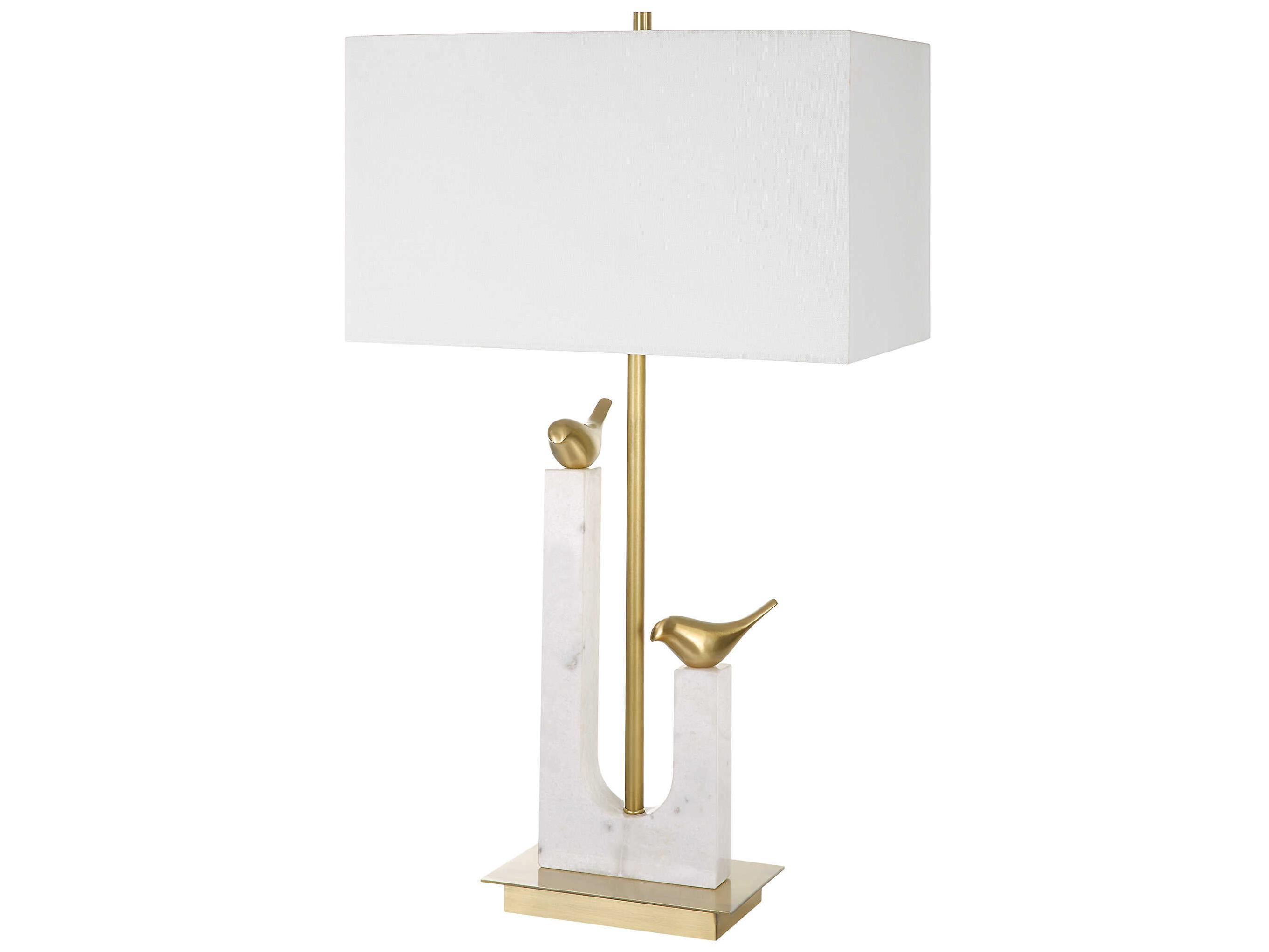 Uttermost Songbirds White Marble Brushed Brass Rectangle Hardback Fabric Shade Buffet Lamp