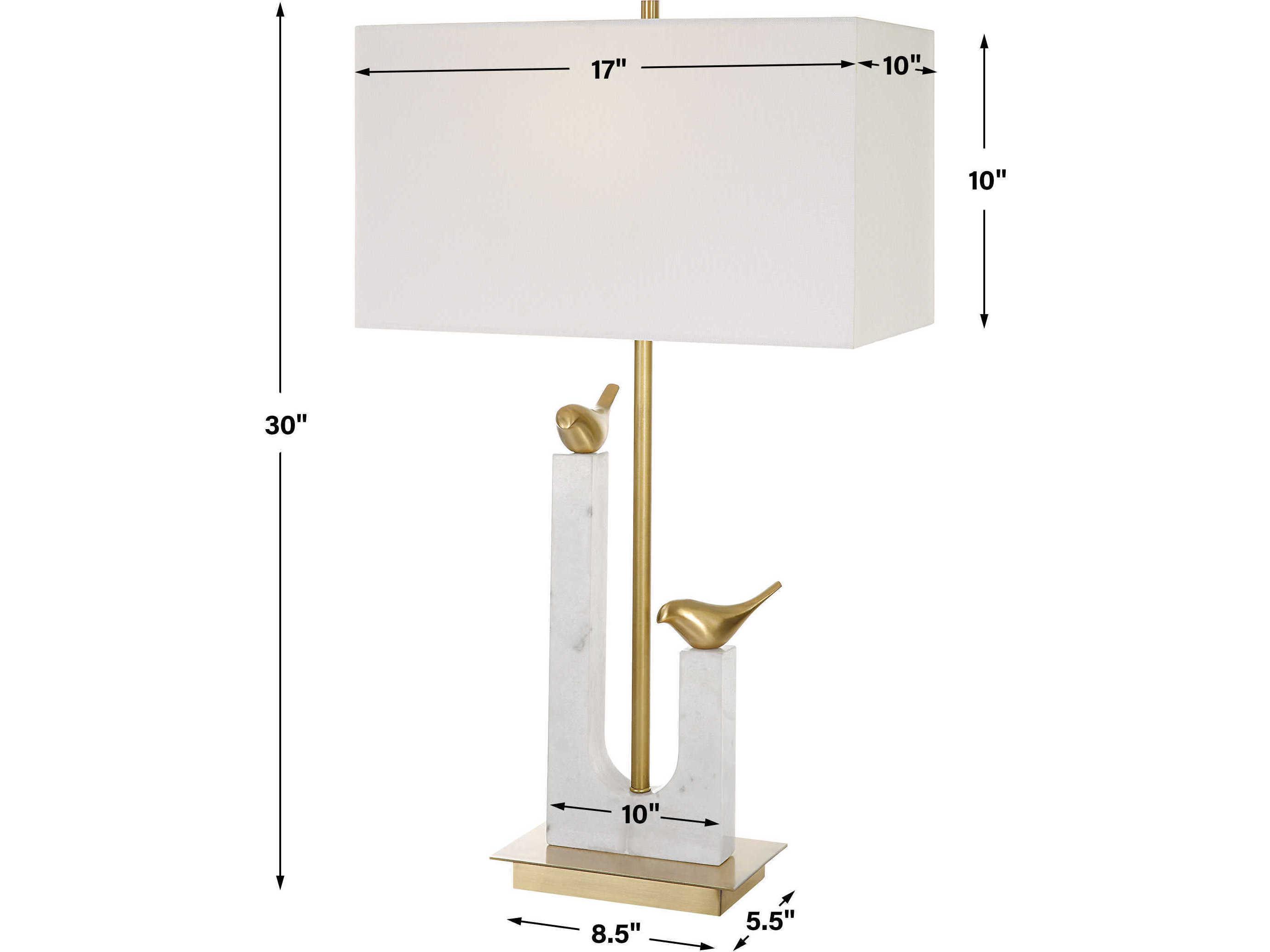 Uttermost Songbirds White Marble Brushed Brass Rectangle Hardback Fabric Shade Buffet Lamp