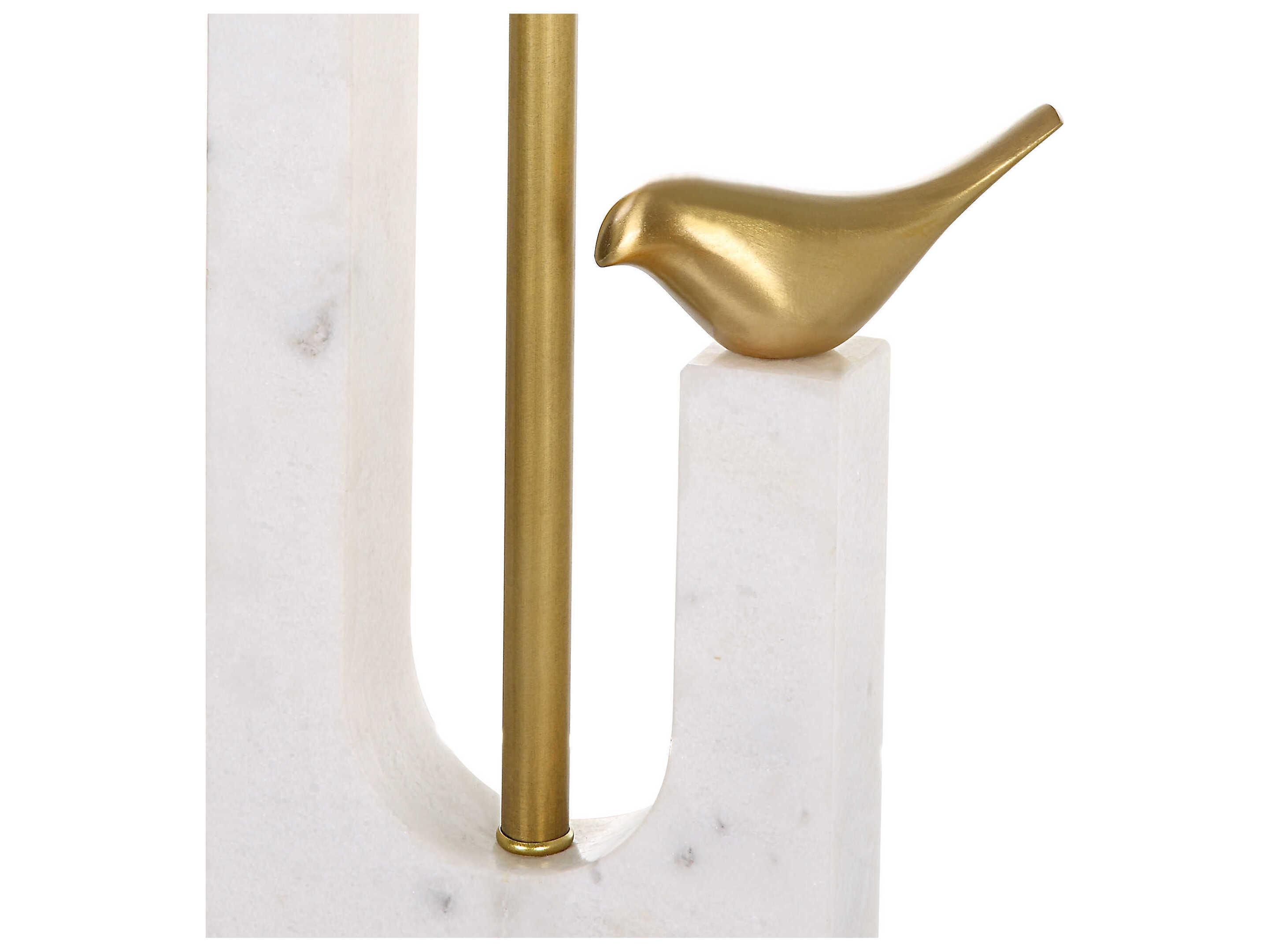 Uttermost Songbirds White Marble Brushed Brass Rectangle Hardback Fabric Shade Buffet Lamp