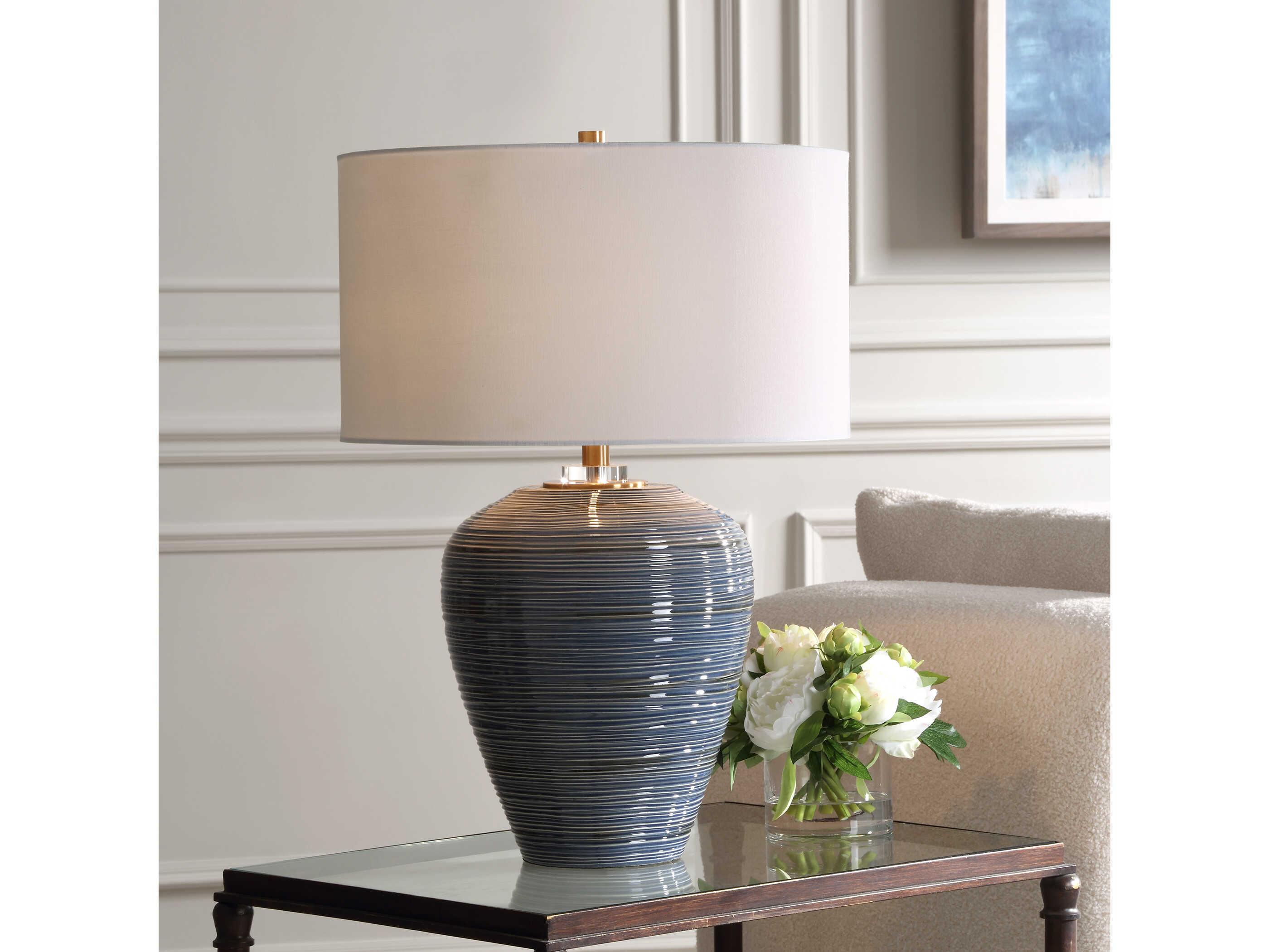 Uttermost Moher Glossy Blue Round Drum Hardback Buffet Lamp
