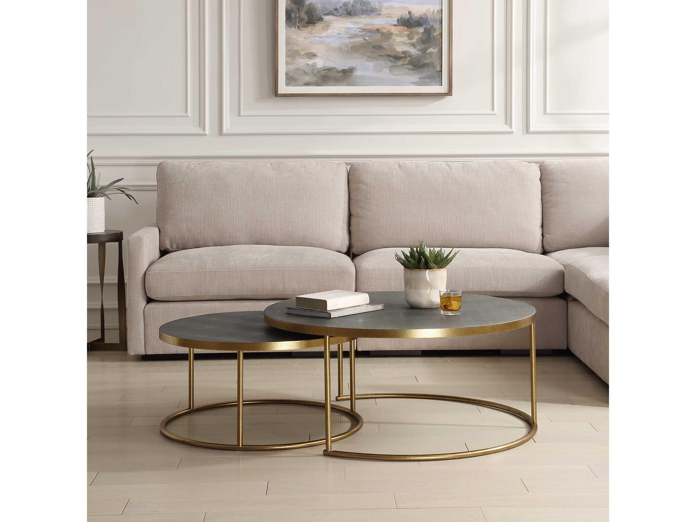 Uttermost Aragon Round Faux Leather Gray Brushed Brass Coffee Table