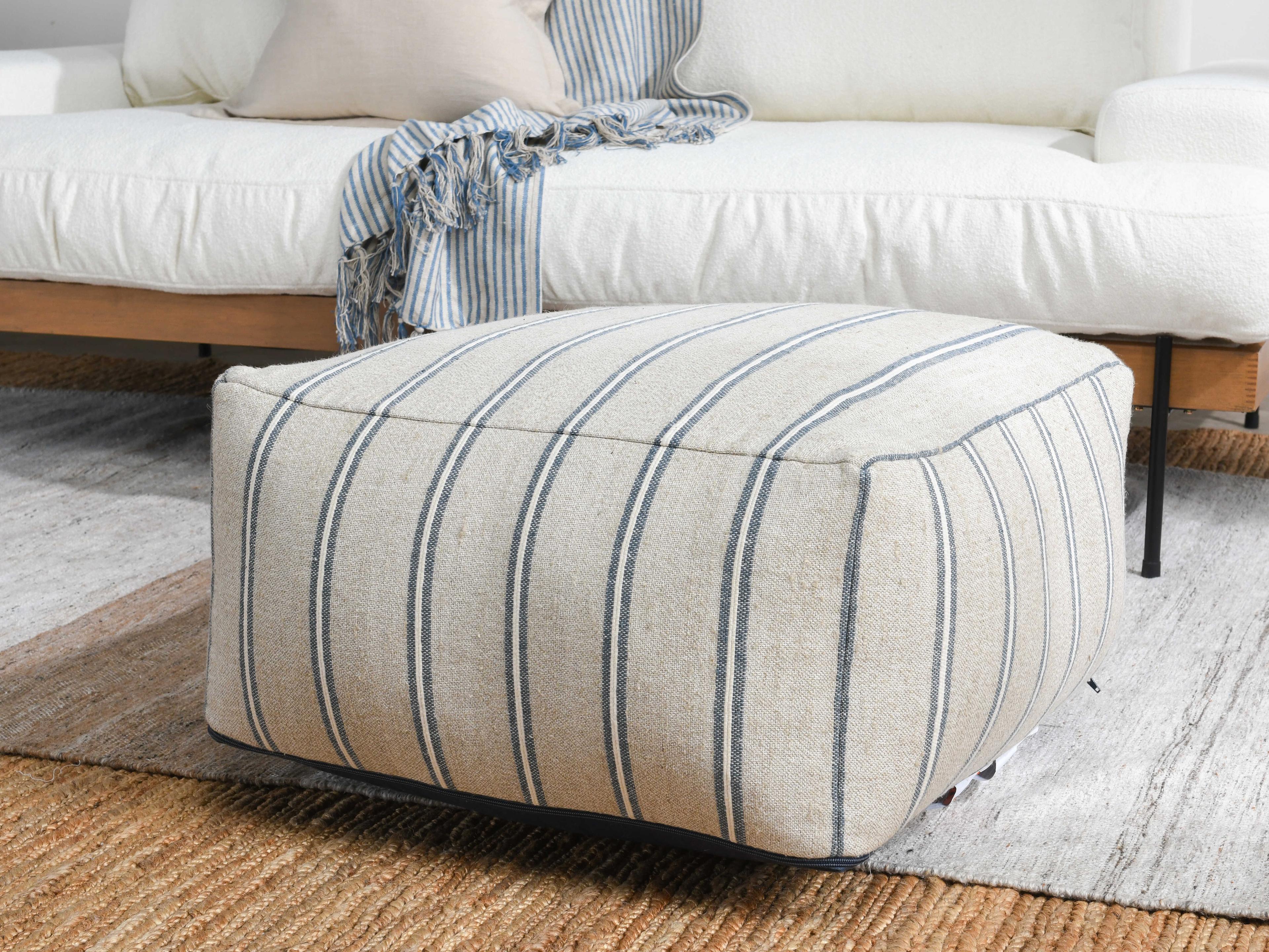 Villa by Classic Home Demi Natural Blue Upholstered Pouf