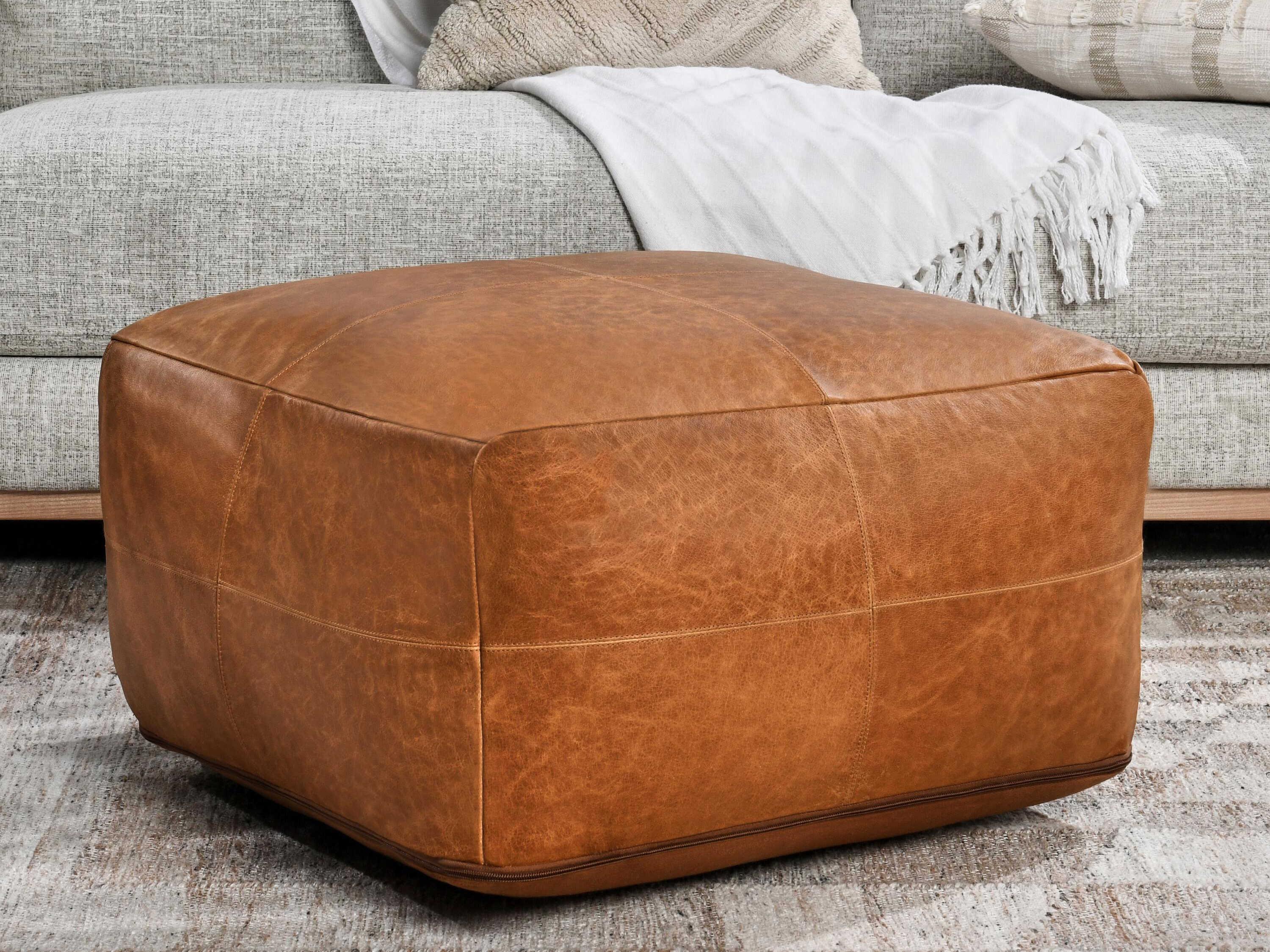 Villa by Classic Home Cheyenne Chestnut Brown Leather Pouf