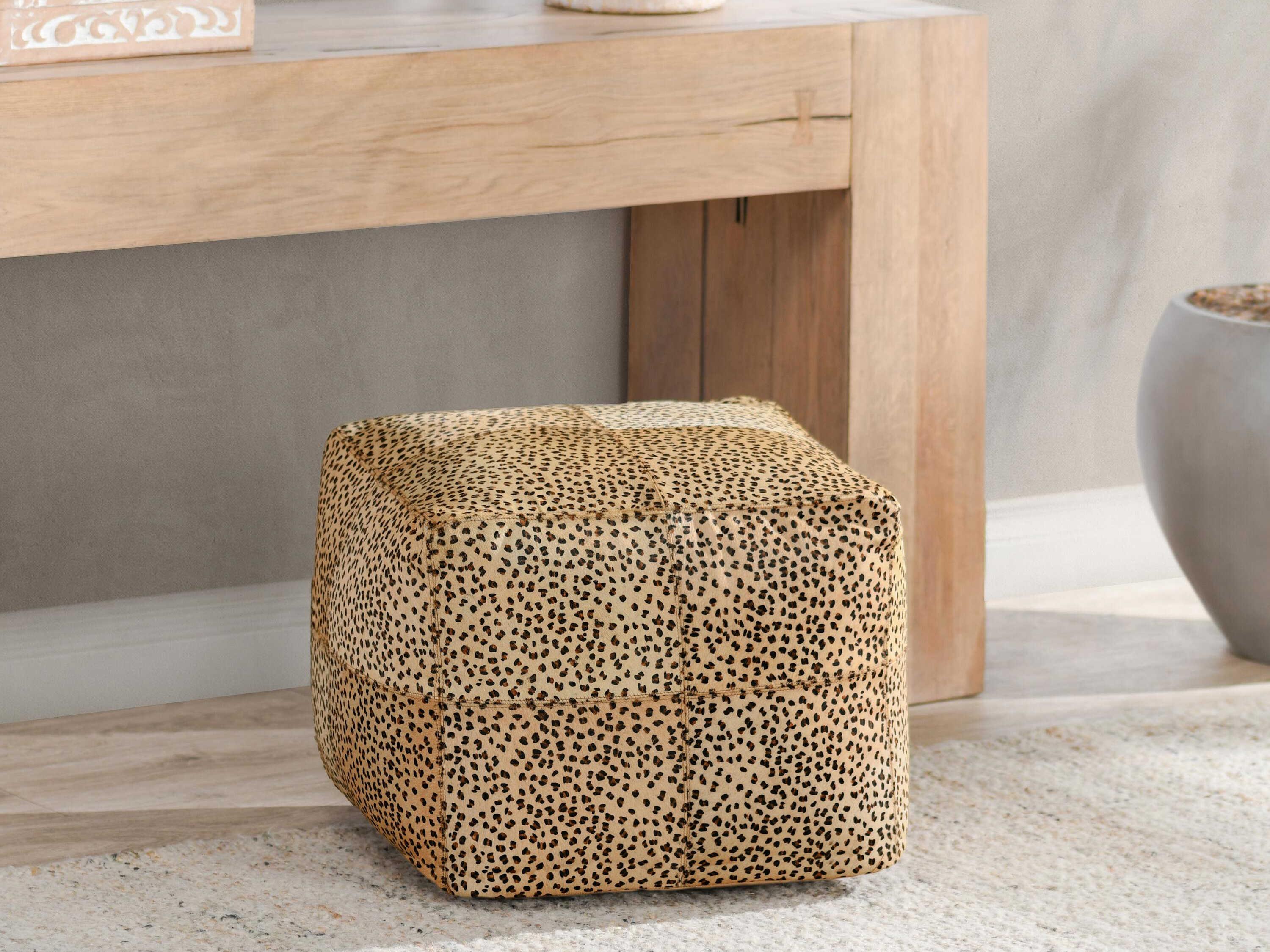 Villa by Classic Home Leopard Camel Black Brown Leather Pouf