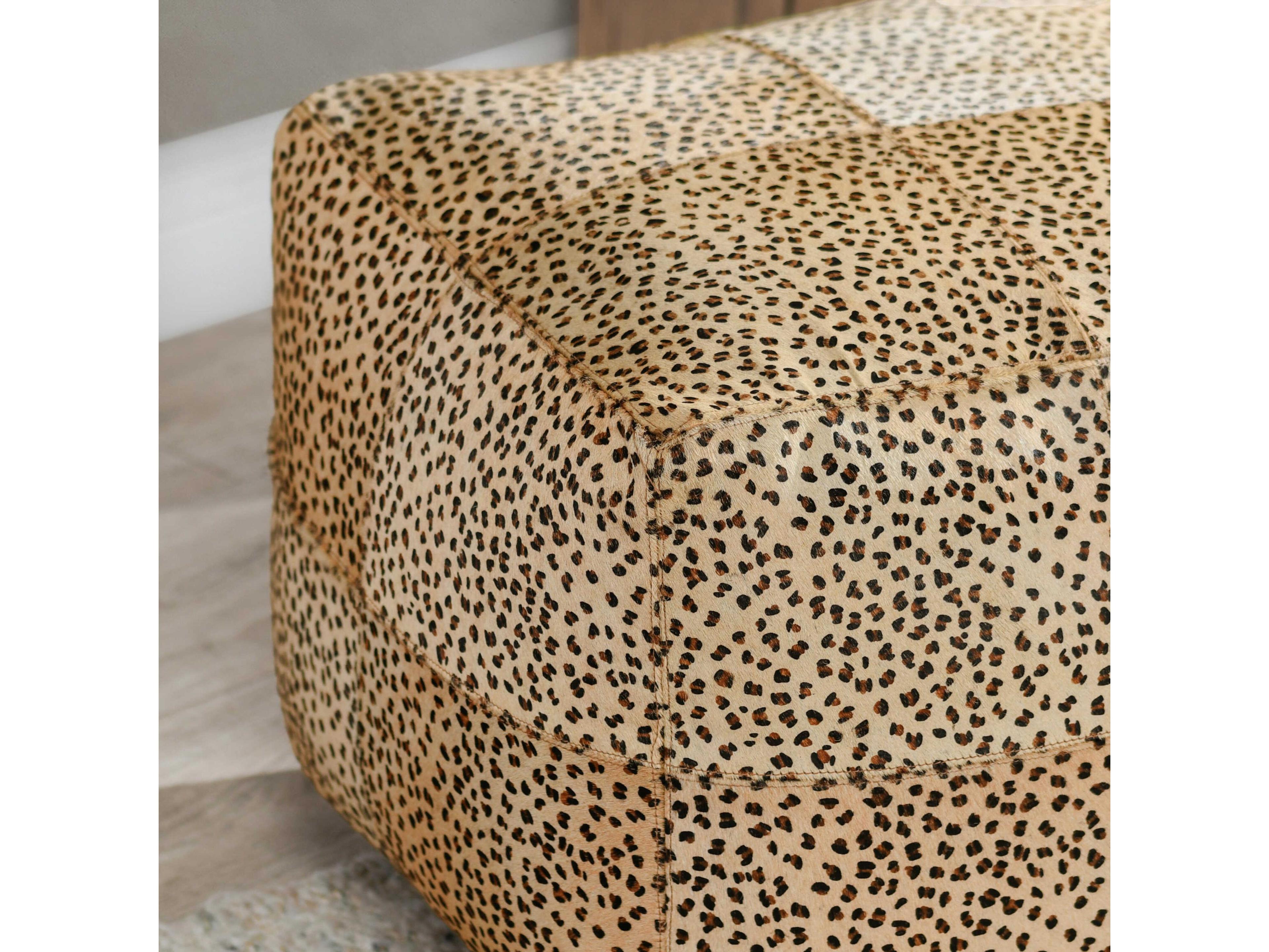 Villa by Classic Home Leopard Camel Black Brown Leather Pouf