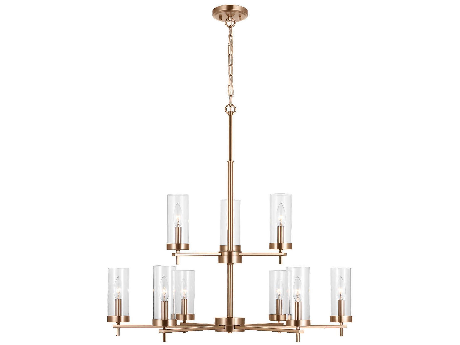Visual Comfort Studio Zire 9-Light Satin Brass Candelabra Cylinder Tiered Chandelier