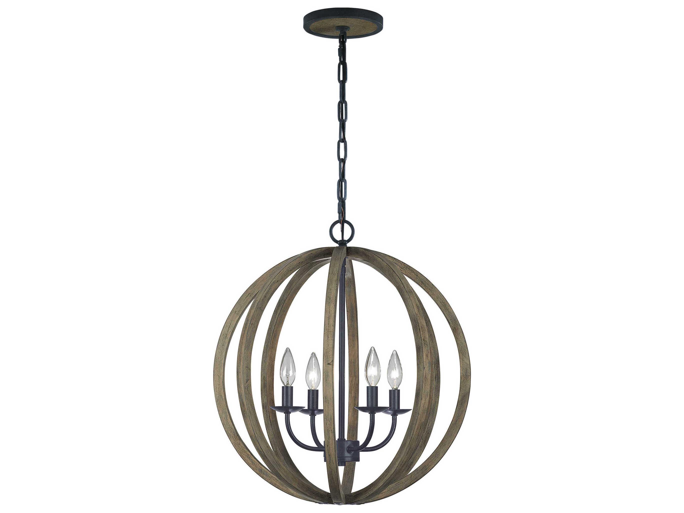 Visual Comfort Studio Allier 4-Light Weathered Oak Wood Antique Forged Iron Brown Globe Pendant