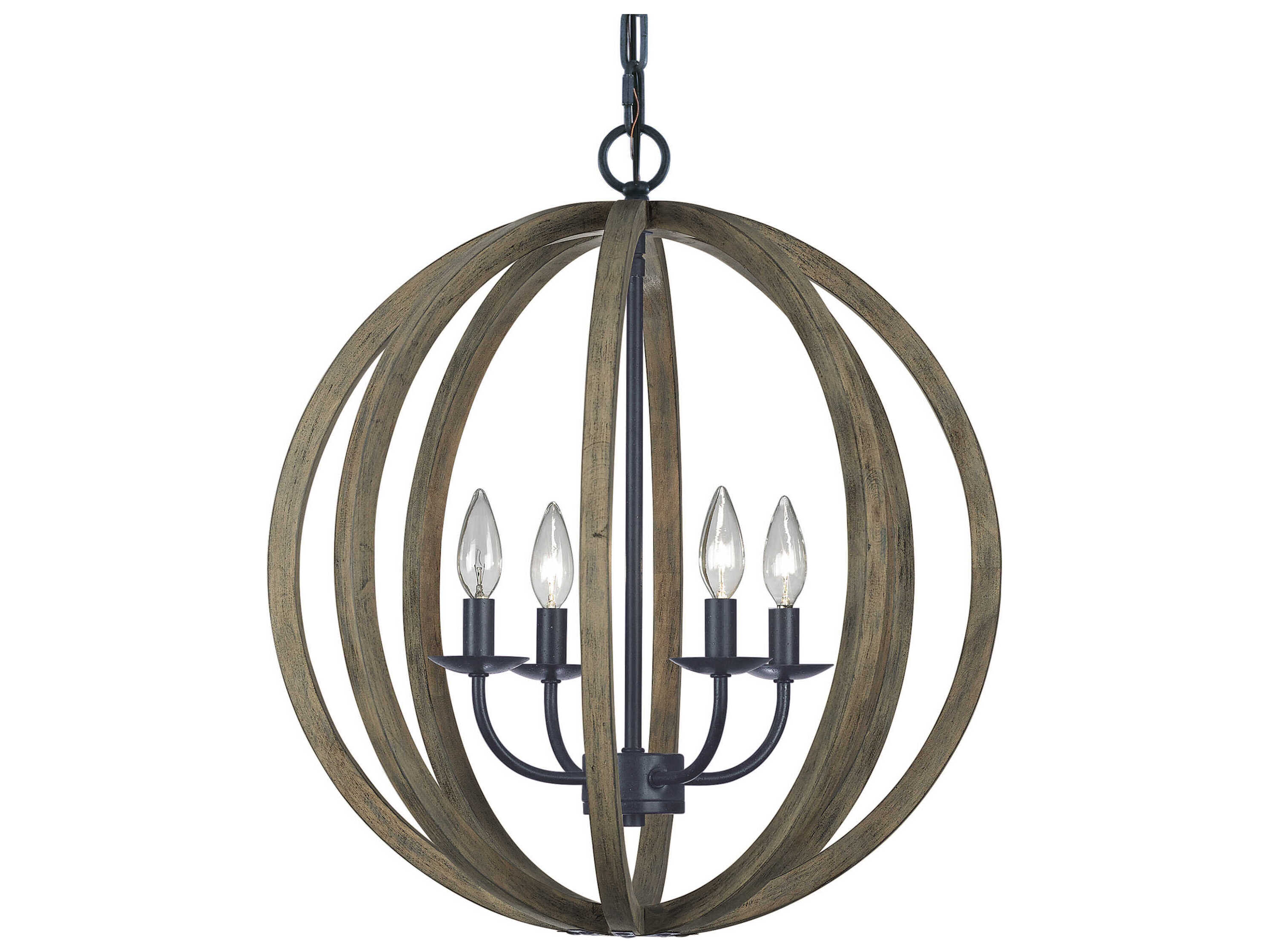 Visual Comfort Studio Allier 4-Light Weathered Oak Wood Antique Forged Iron Brown Globe Pendant