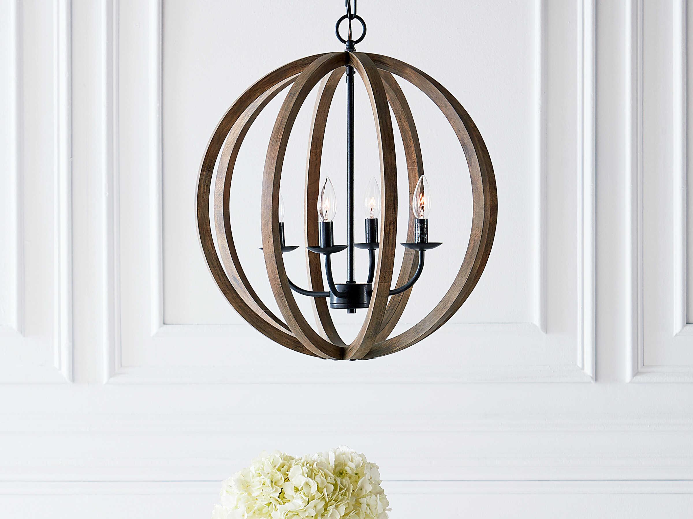 Visual Comfort Studio Allier 4-Light Weathered Oak Wood Antique Forged Iron Brown Globe Pendant