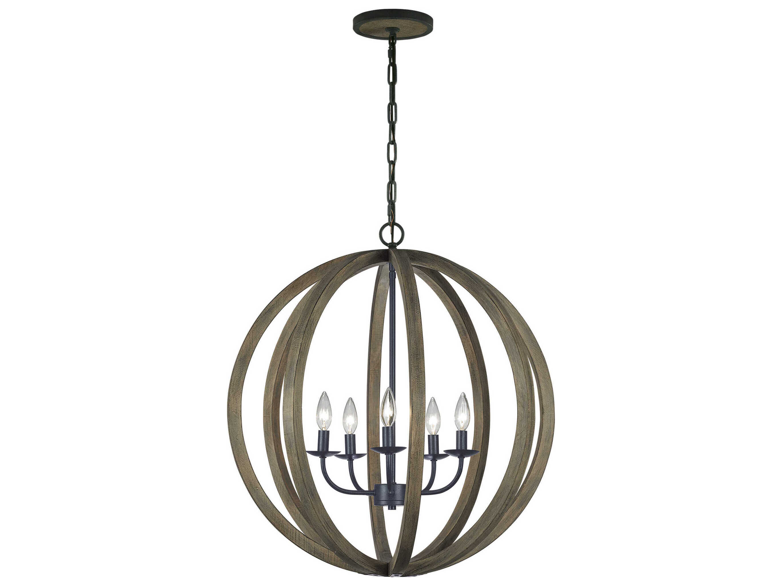 Visual Comfort Studio Allier 5-Light Weathered Oak Wood Antique Forged Iron Brown Globe Pendant