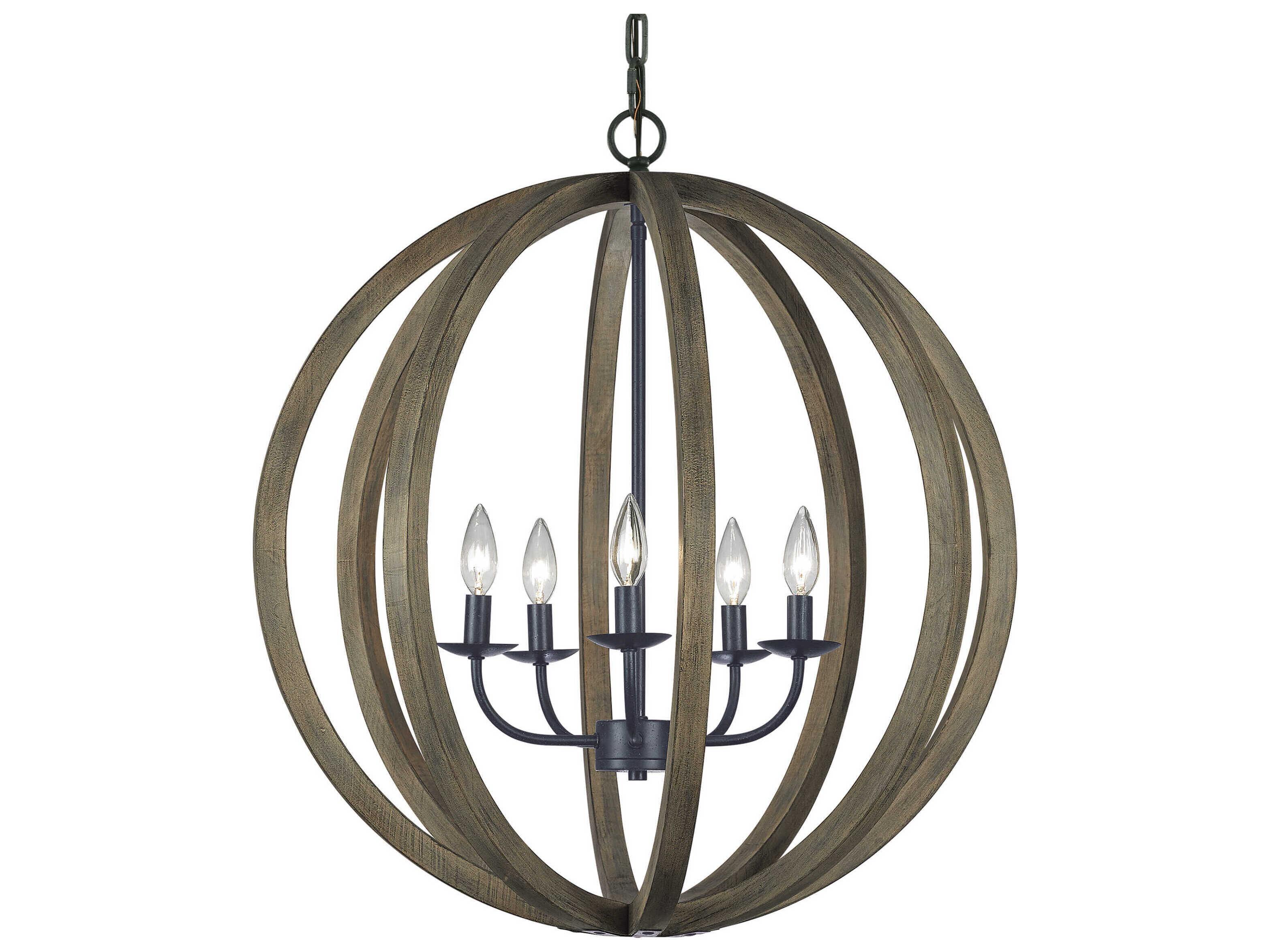 Visual Comfort Studio Allier 5-Light Weathered Oak Wood Antique Forged Iron Brown Globe Pendant