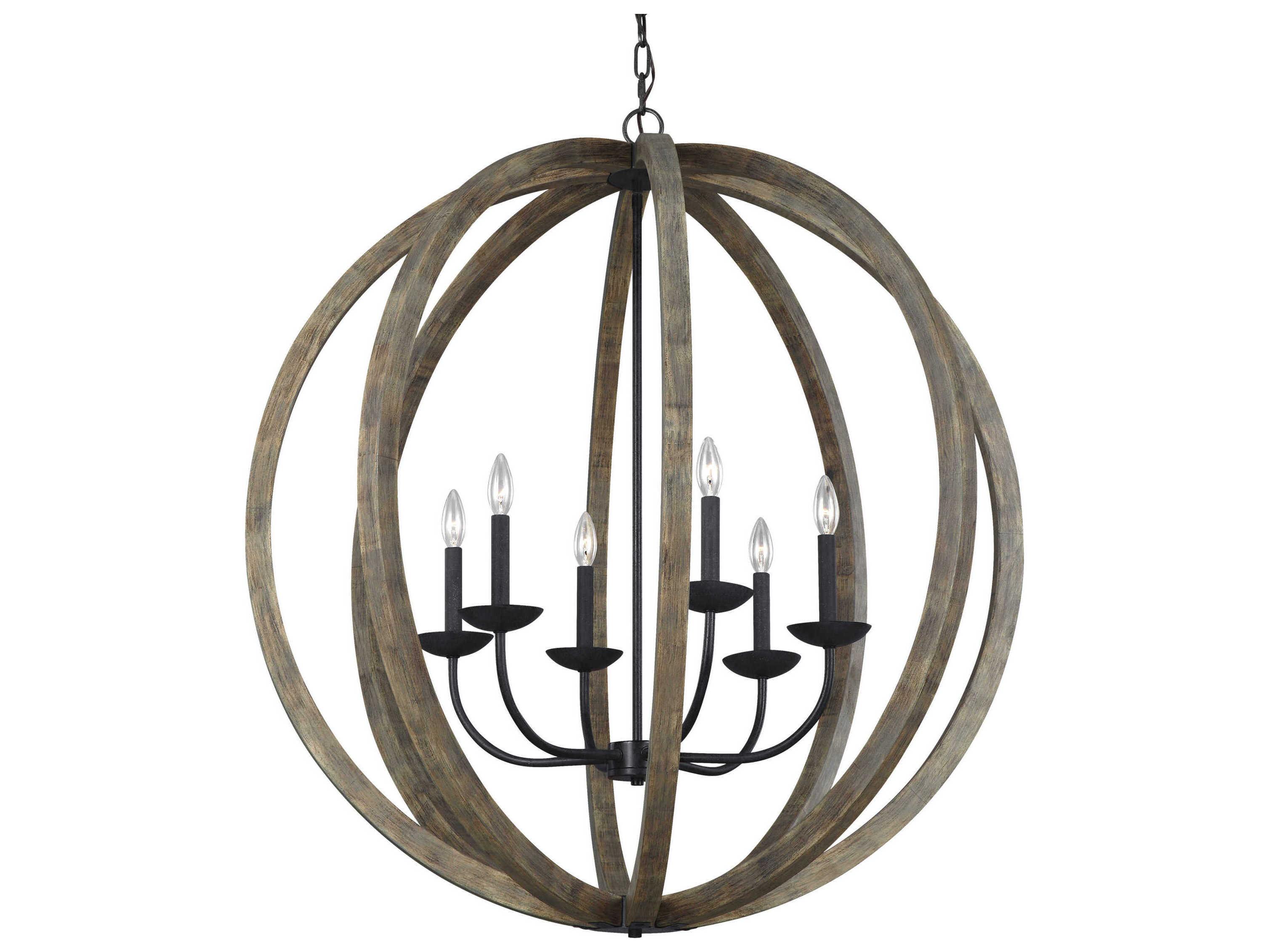 Visual Comfort Studio Allier 6-Light Weathered Oak Wood Antique Forged Iron Brown Globe Pendant