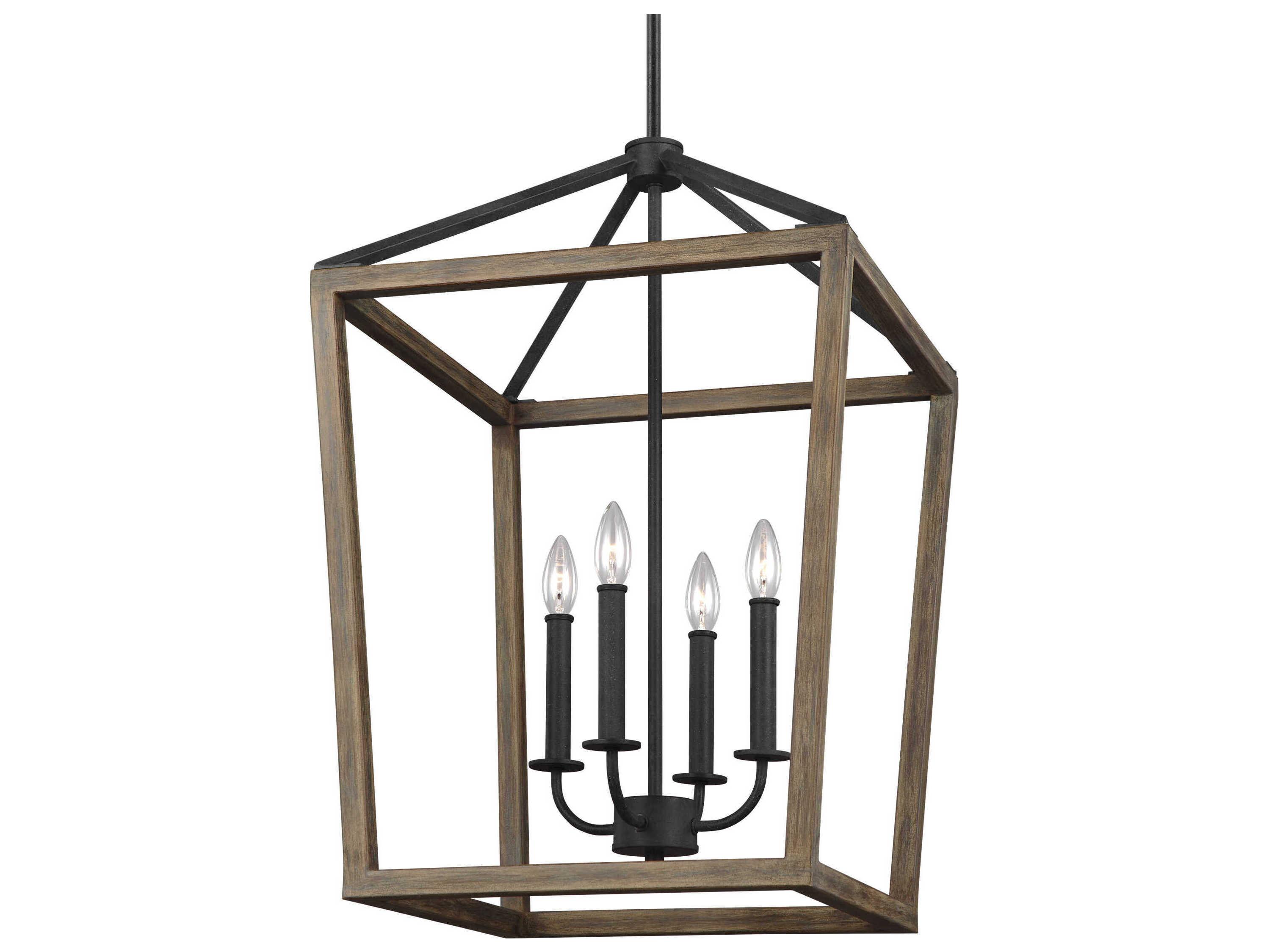 Visual Comfort Studio Gannet 4-Light Weathered Oak Wood Antique Forged Iron Brown Candelabra Chandelier