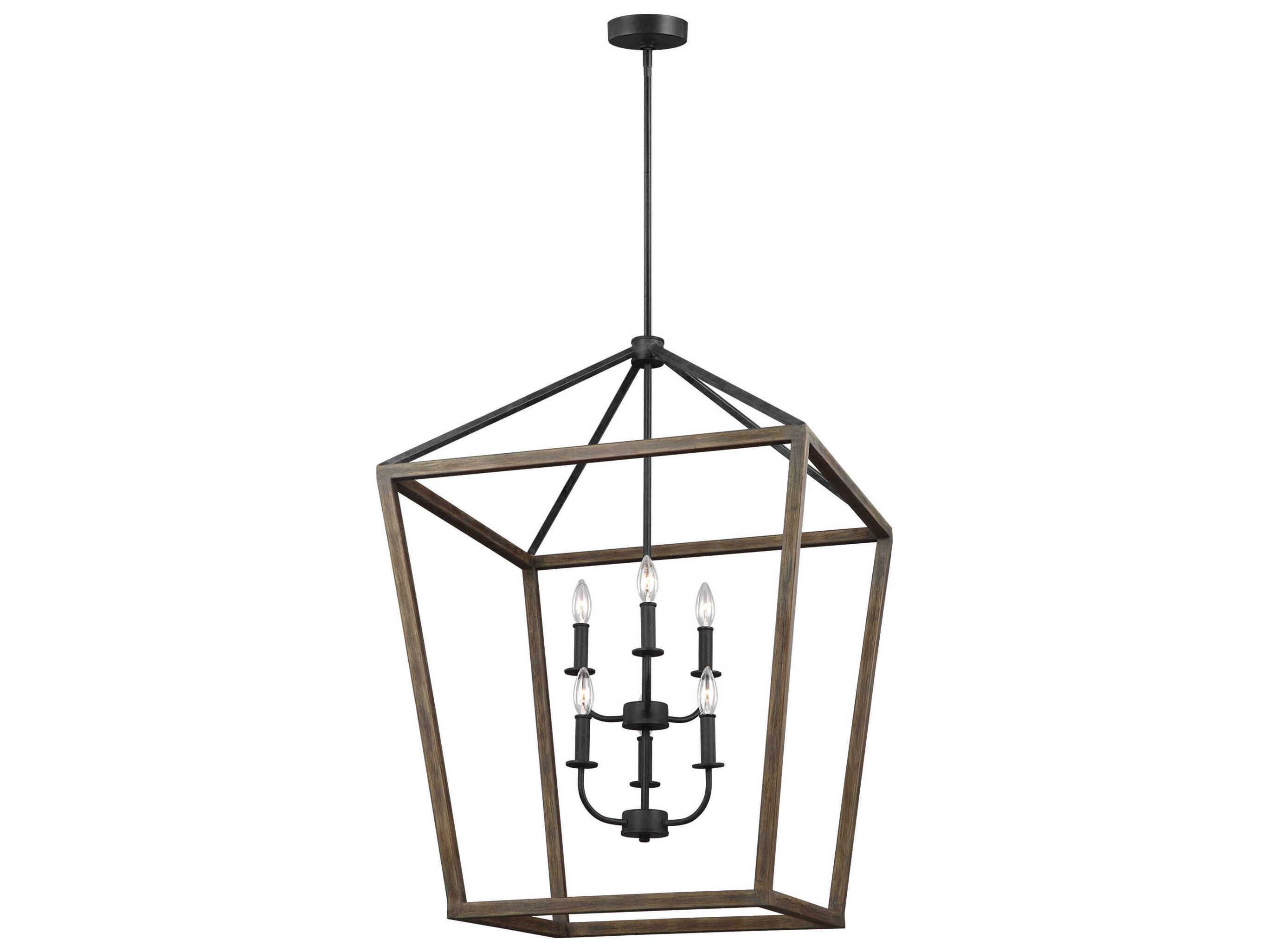 Visual Comfort Studio Gannet 6-Light Weathered Oak Wood Antique Forged Iron Brown Candelabra Chandelier