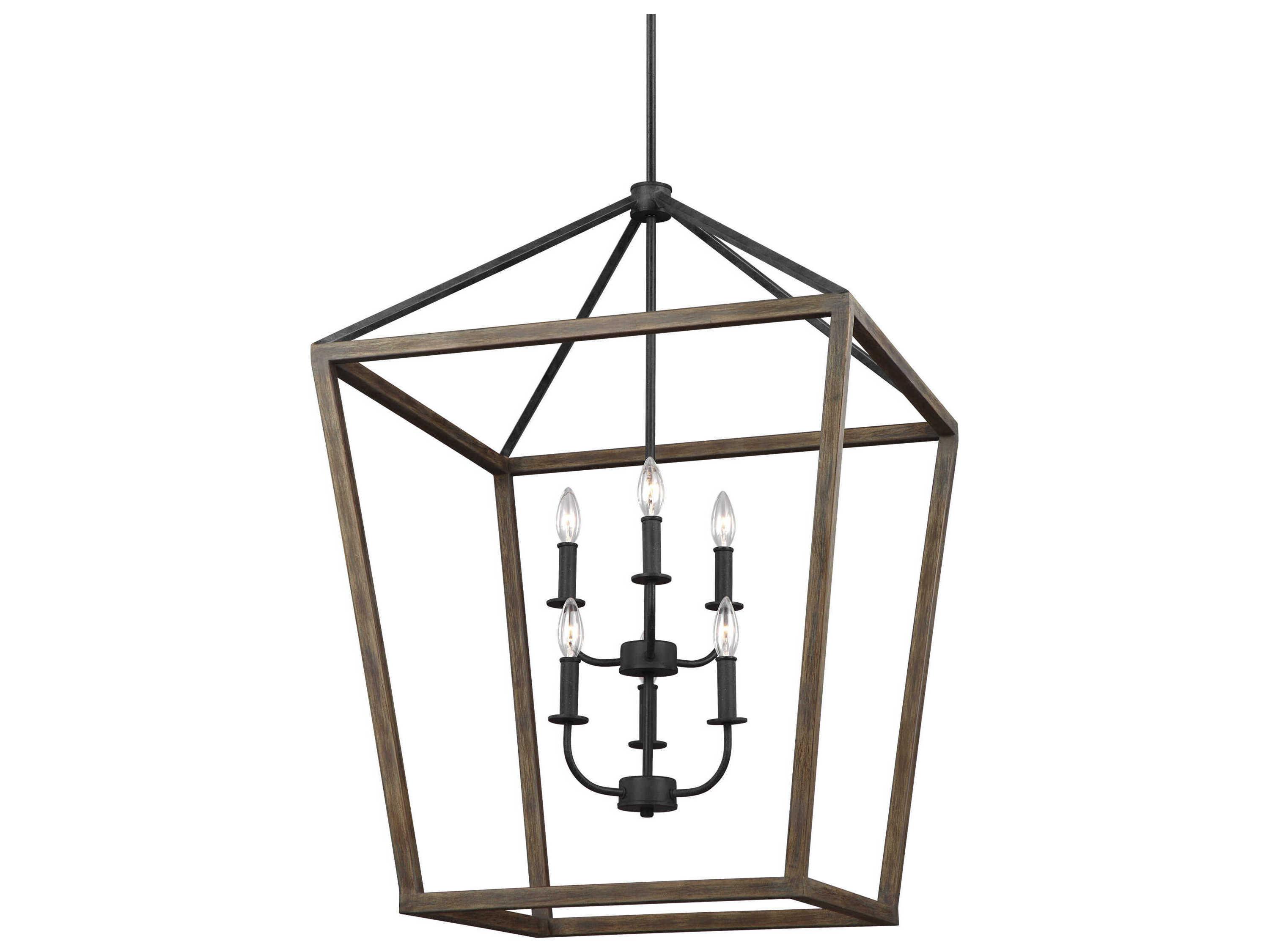 Visual Comfort Studio Gannet 6-Light Weathered Oak Wood Antique Forged Iron Brown Candelabra Chandelier