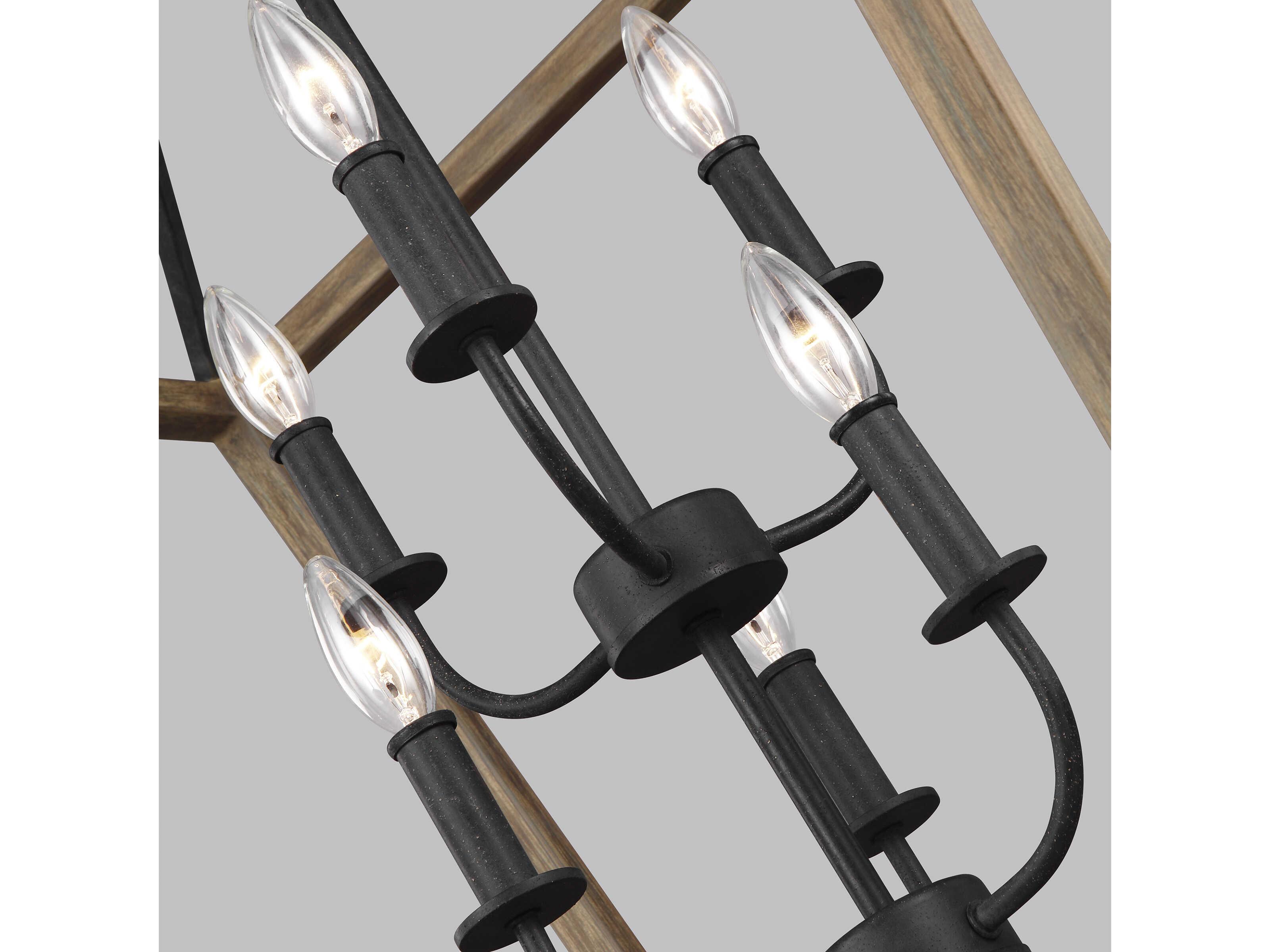 Visual Comfort Studio Gannet 6-Light Weathered Oak Wood Antique Forged Iron Brown Candelabra Chandelier