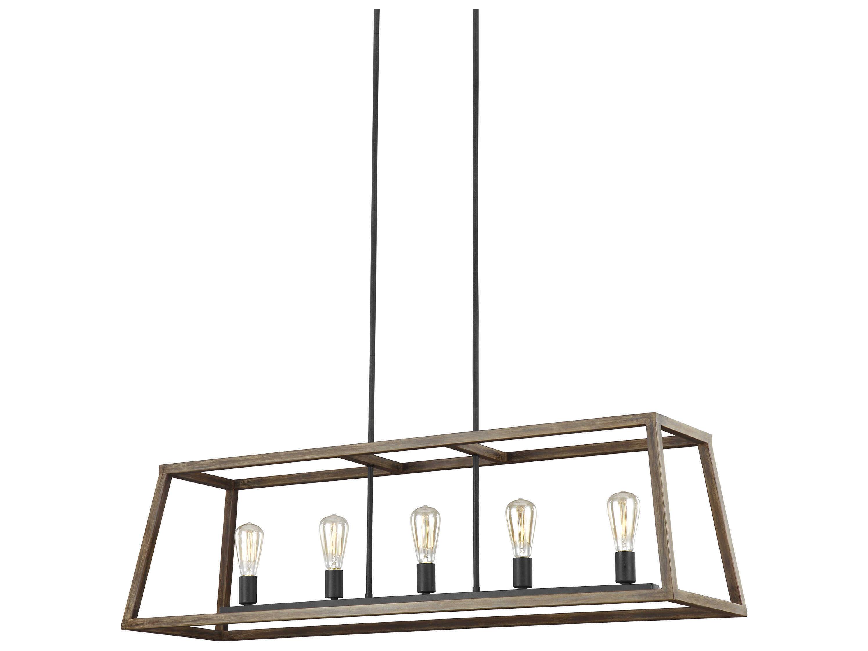 Visual Comfort Studio Gannet 5-Light Weathered Oak Wood Antique Forged Iron Brown Linear Island Pendant