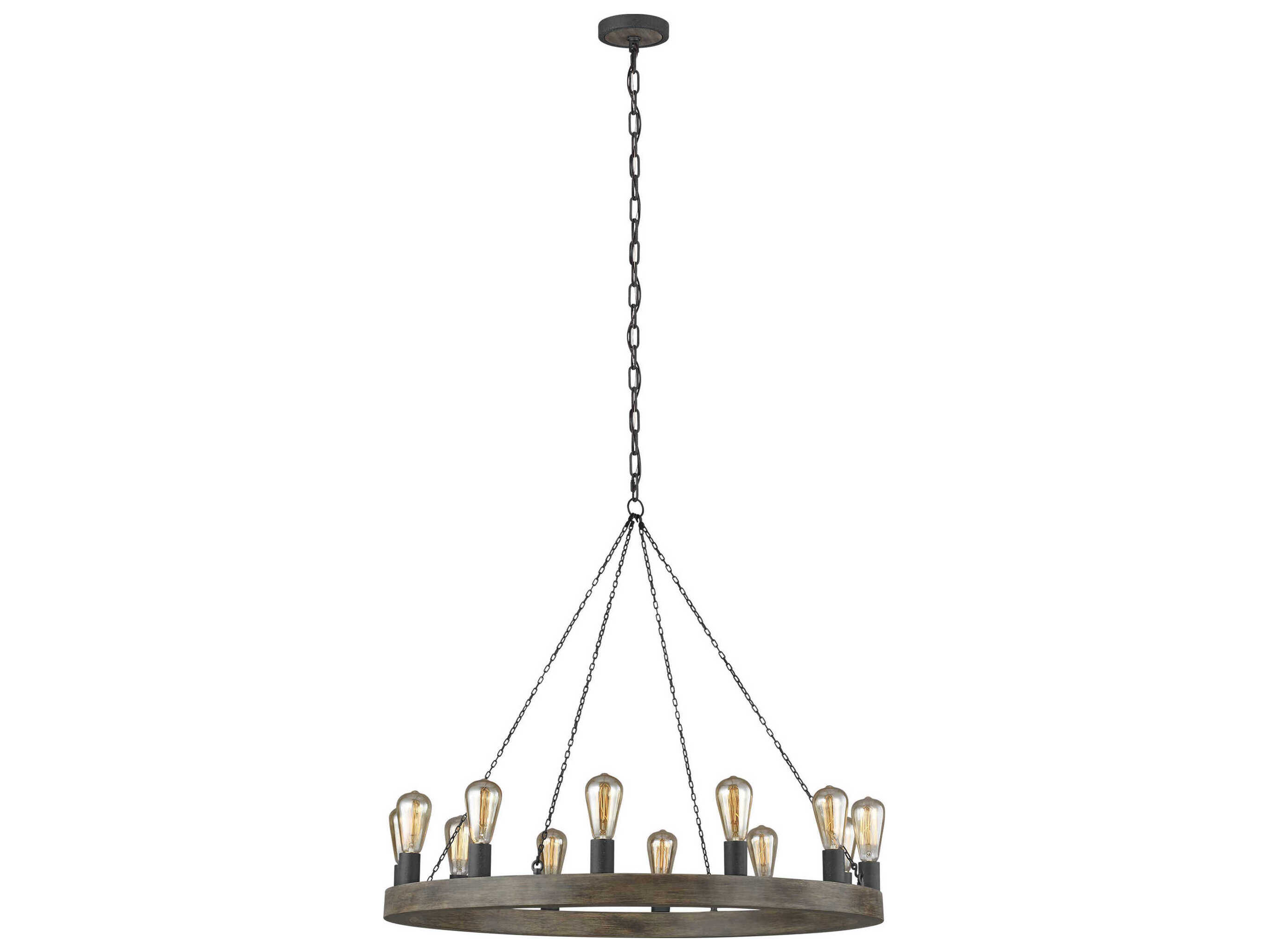 Visual Comfort Studio Avenir 12-Light Weathered Oak Wood Antique Forged Iron Gray Chandelier
