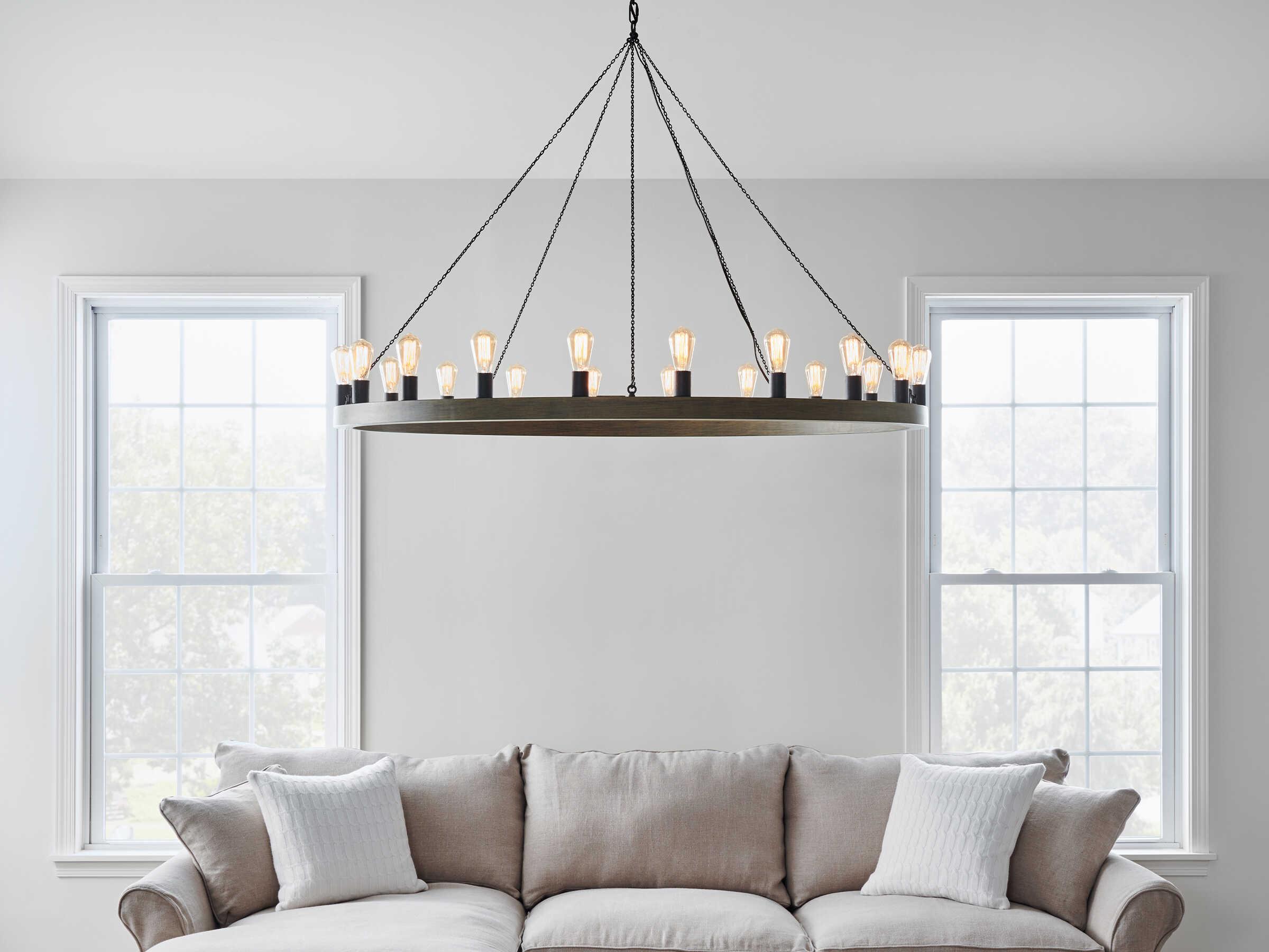 Visual Comfort Studio Avenir 20-Light Weathered Oak Wood Antique Forged Iron Gray Chandelier