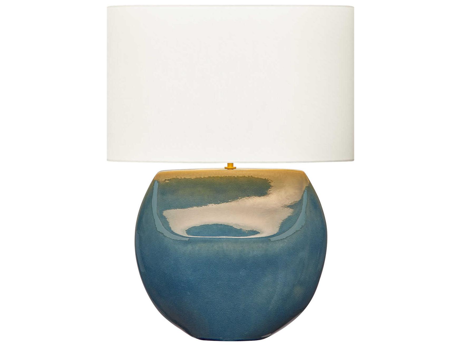 Visual Comfort Studio Pente Deep Ocean Crackle White Linen Fabric Blue Buffet Lamp