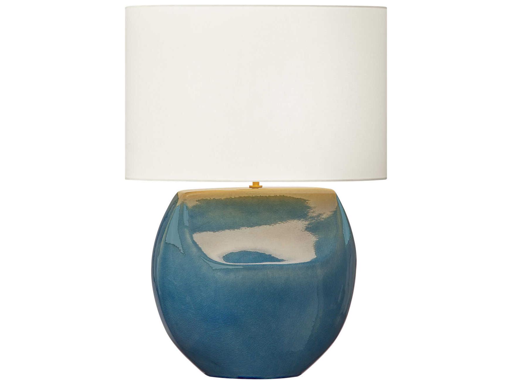 Visual Comfort Studio Pente Deep Ocean Crackle White Linen Fabric Blue Buffet Lamp