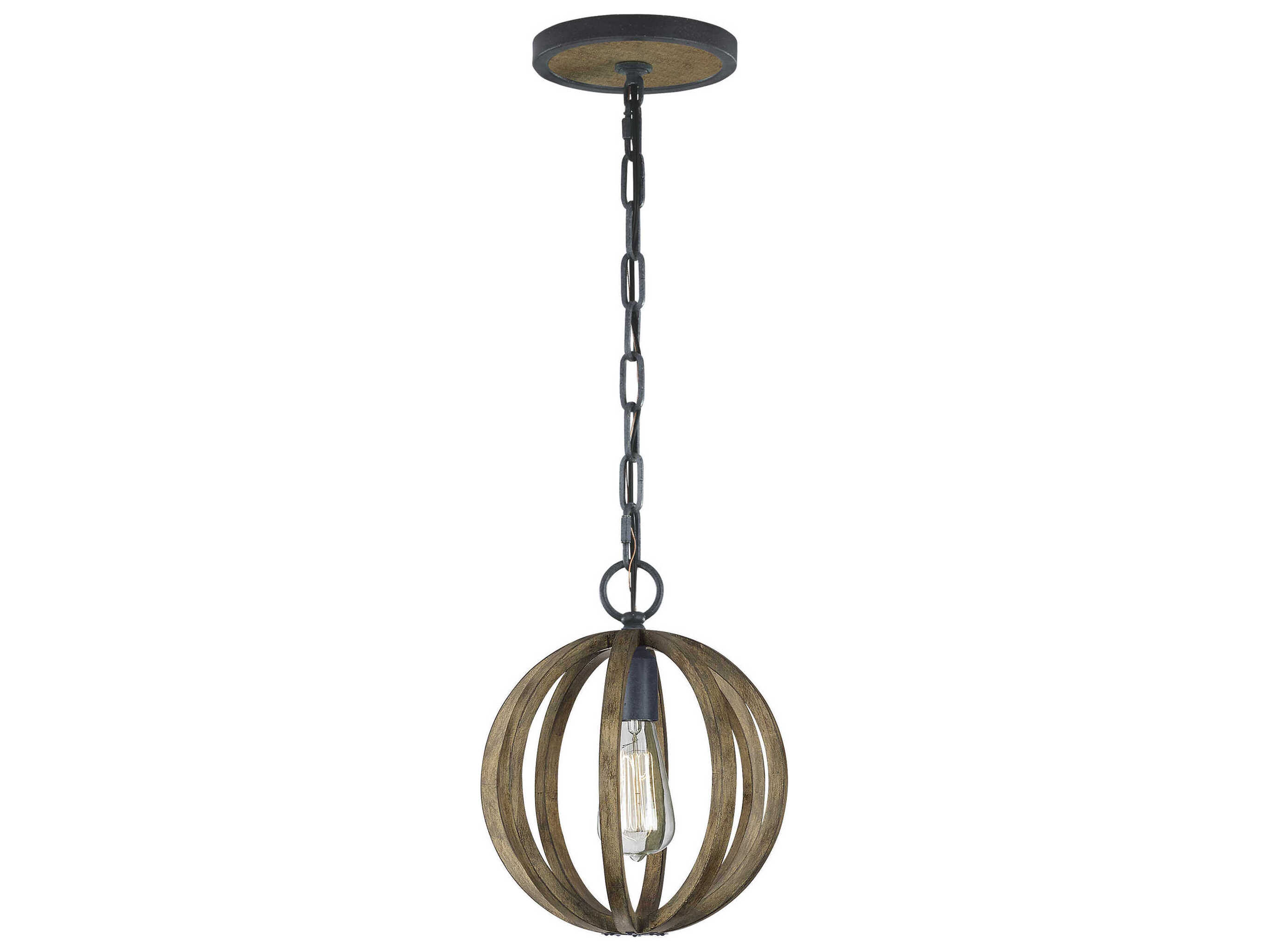 Visual Comfort Studio Allier 1-Light Weathered Oak Wood Antique Forged Iron Brown Globe Mini Pendant