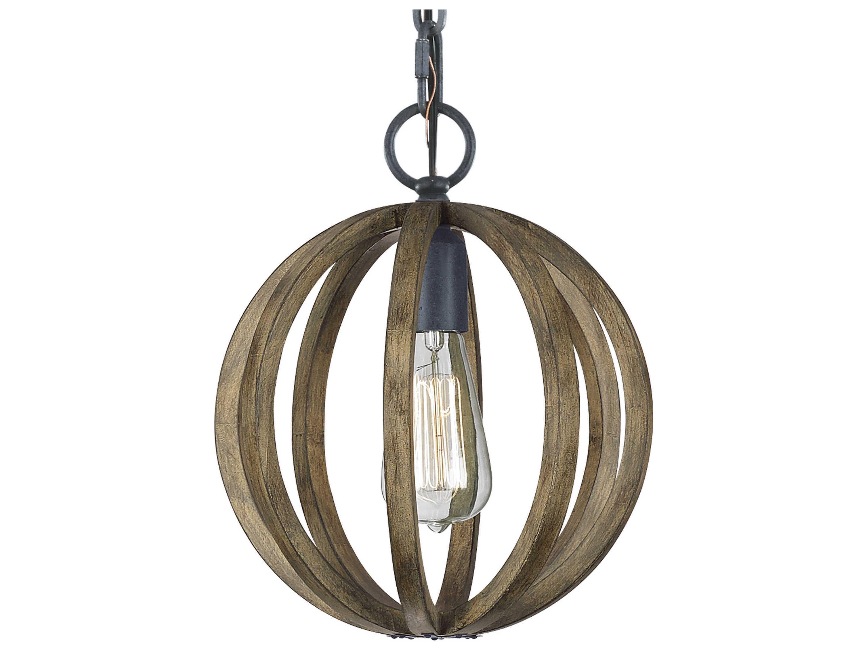 Visual Comfort Studio Allier 1-Light Weathered Oak Wood Antique Forged Iron Brown Globe Mini Pendant