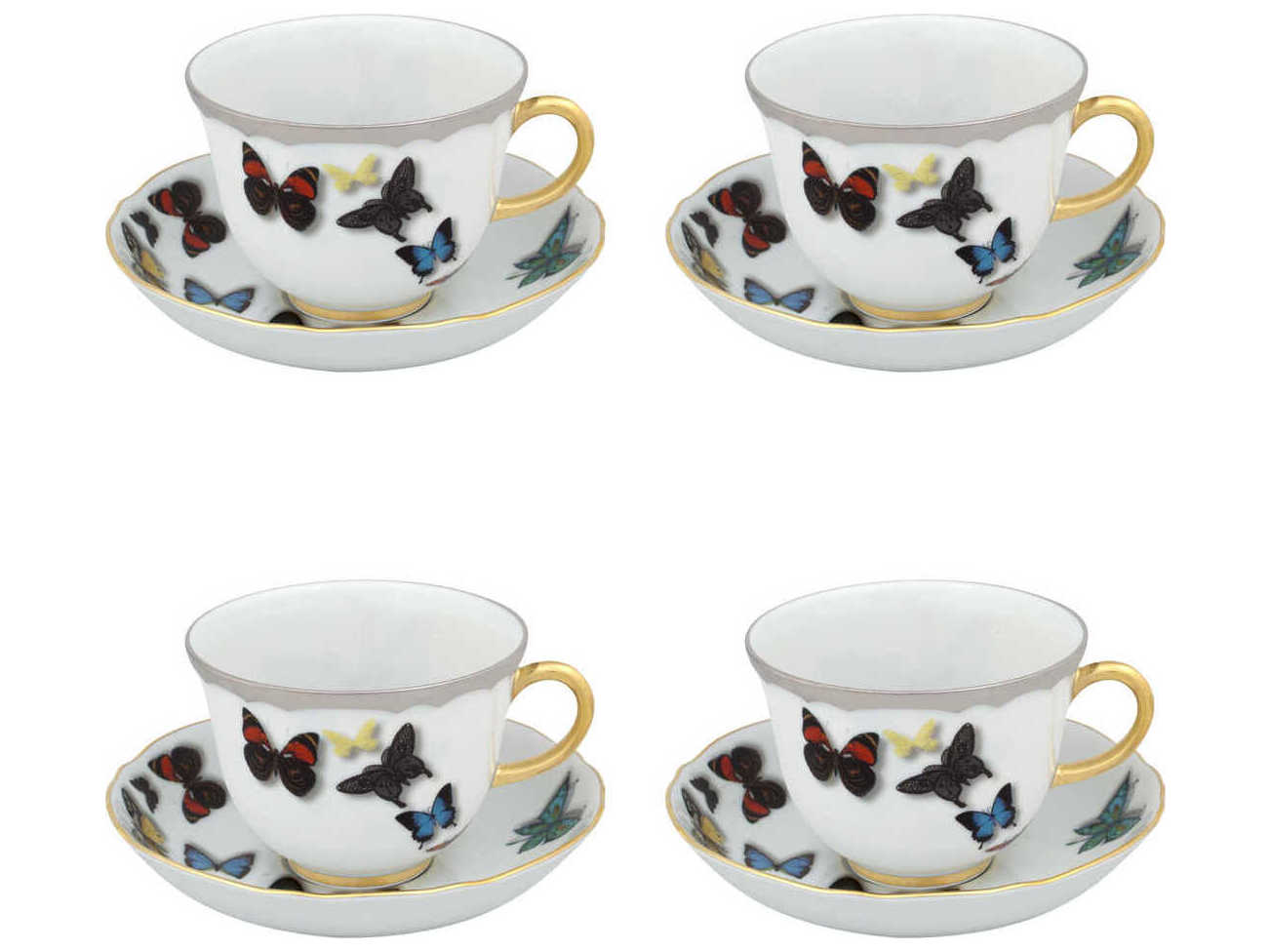 Vista Alegre Lacroix Butterfly Parade Tea Cup and Saucer Set of 4