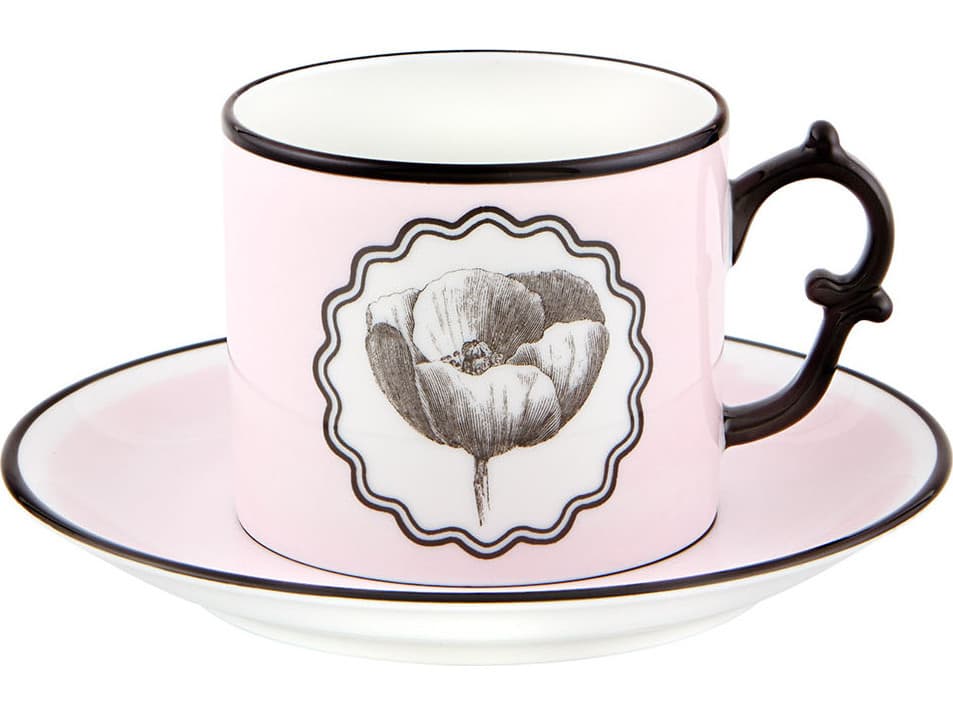 Vista Alegre Lacroix Herbariae Pink Peacock Tea Cups and Saucer Set of 2
