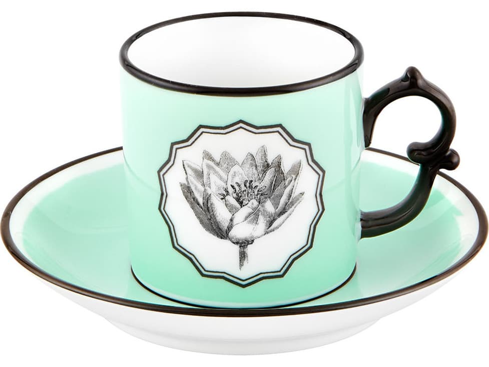 Vista Alegre Lacroix Herbariae Yellow Green Coffee Cups and Saucer Set of 2