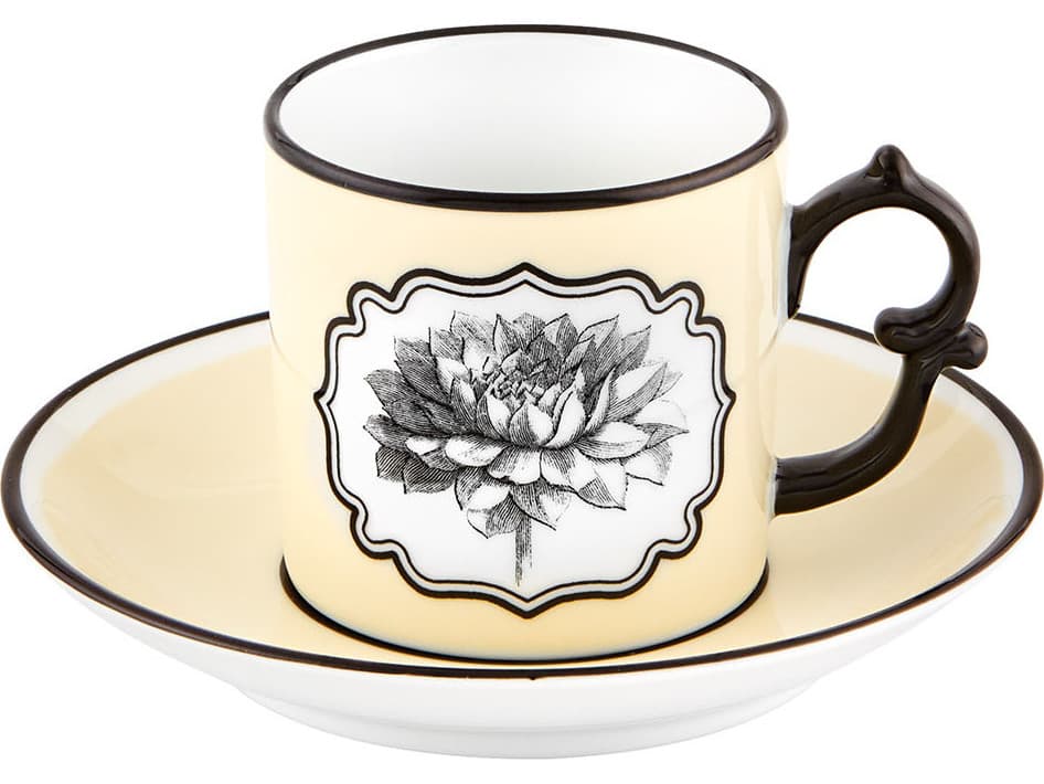 Vista Alegre Lacroix Herbariae Yellow Green Coffee Cups and Saucer Set of 2