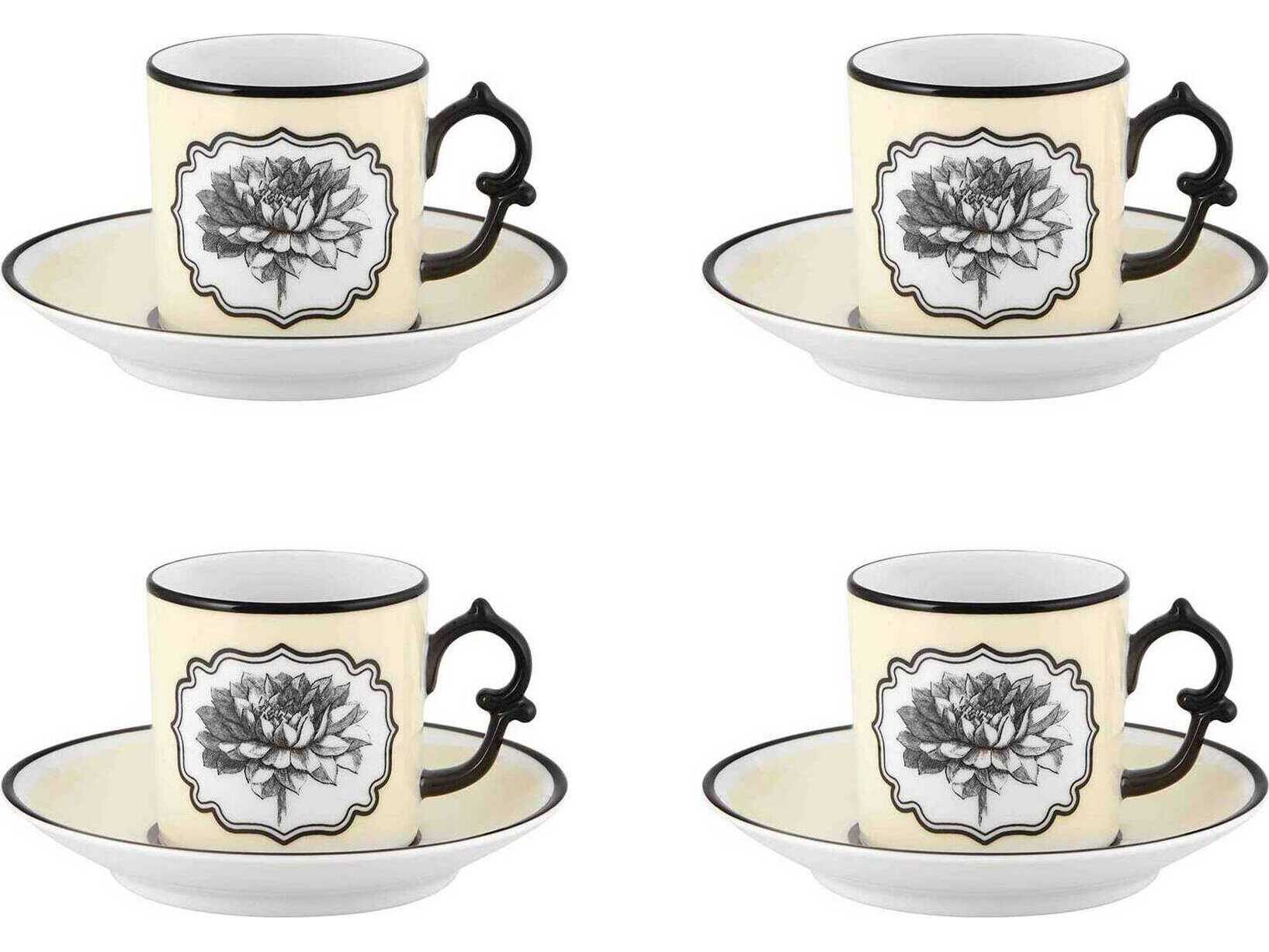 Vista Alegre Lacroix Herbariae Yellow Coffee Cup and Saucer Set of 4