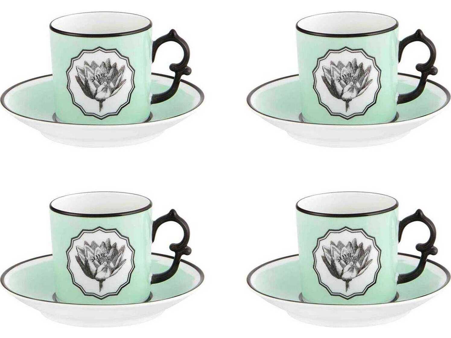 Vista Alegre Lacroix Herbariae Green Coffee Cup and Saucer Set of 4