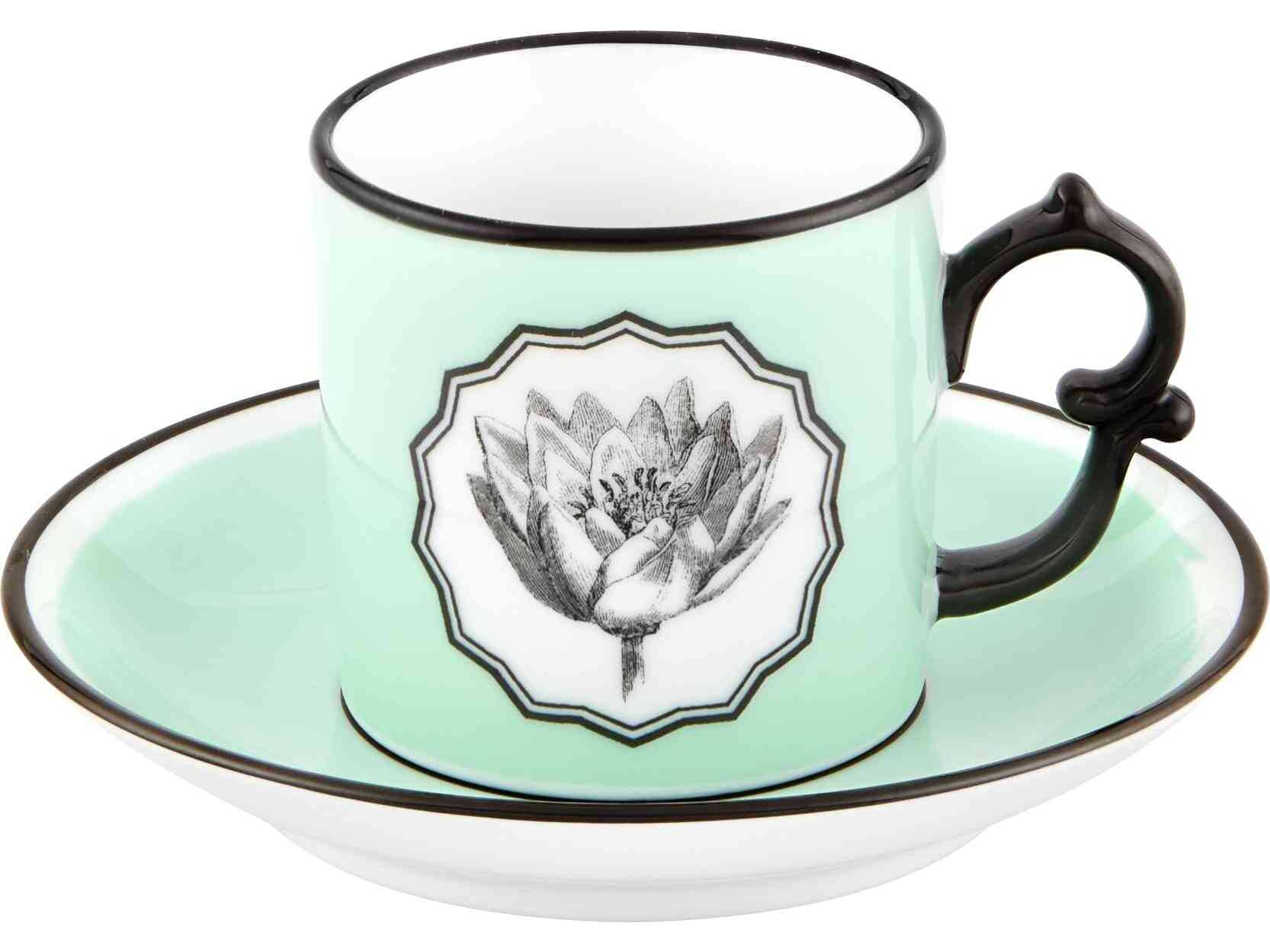 Vista Alegre Lacroix Herbariae Green Coffee Cup and Saucer Set of 4