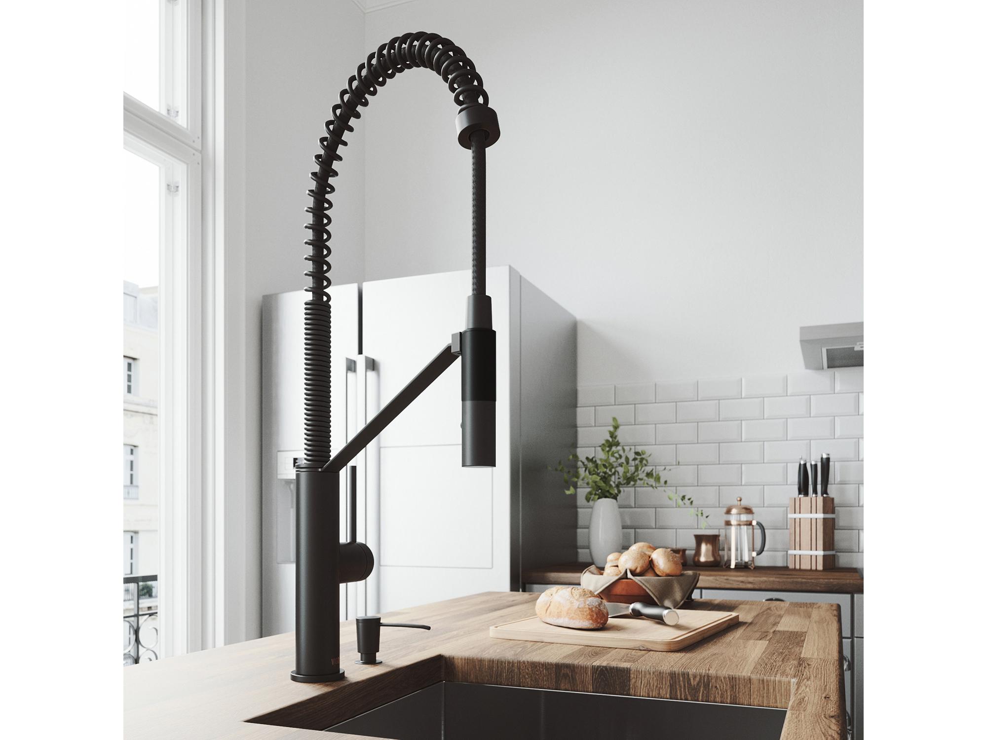 Vigo Livingston Matte Black Magnetic 1-Handle Deck Mount Pull-Down Kitchen Faucet with Soap Dispenser