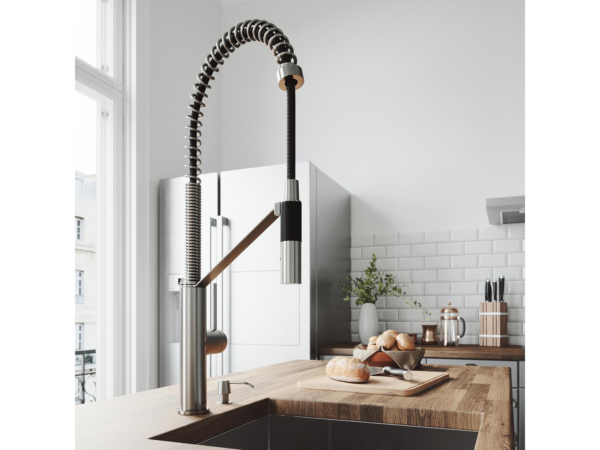 Vigo Livingston Stainless Steel Magnetic 1-Handle Deck Mount Pull-Down Kitchen Faucet with Soap Dispenser