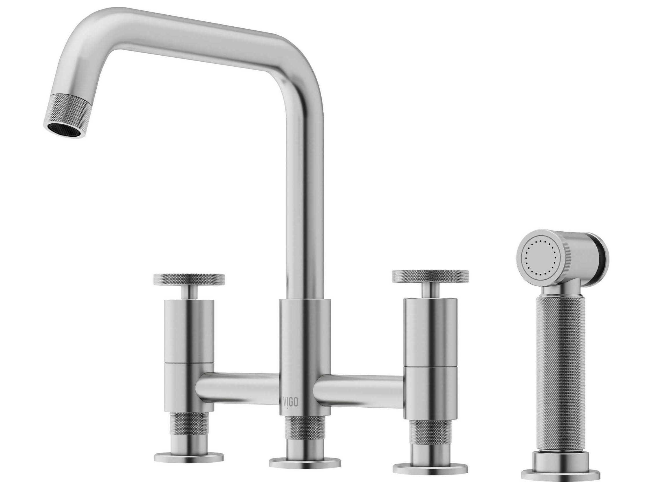 Vigo Cass Double Handle Widespread Bridge Kitchen Faucet with Pull-Out Sprayer
