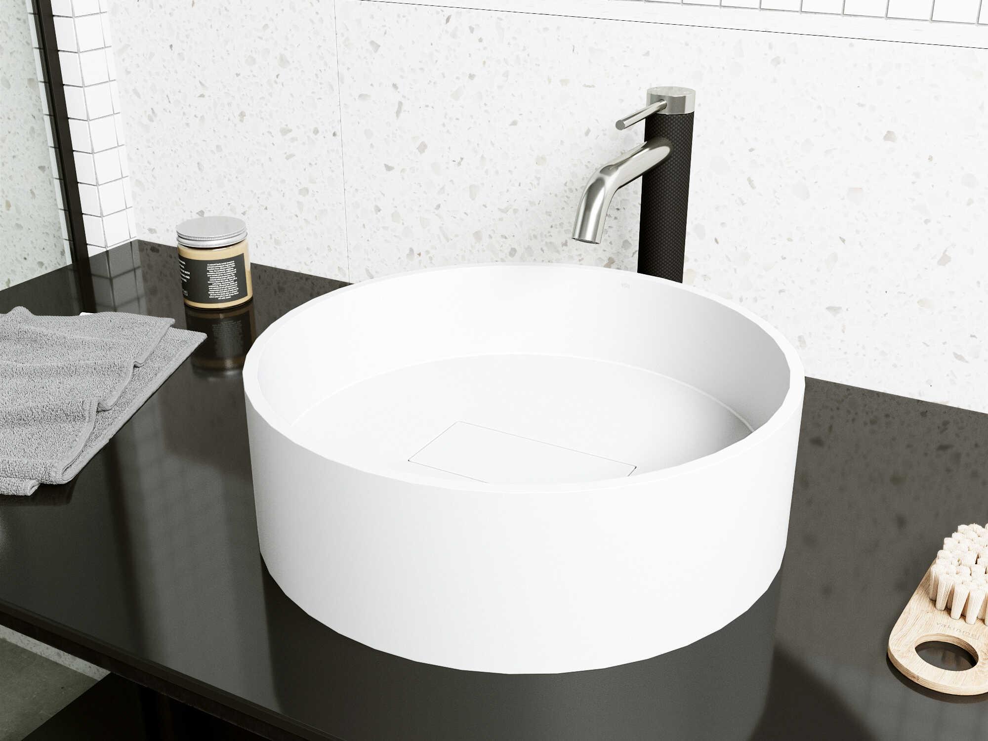 Vigo Bryant Modern White Matte Stone Round Vessel Bathroom Sink