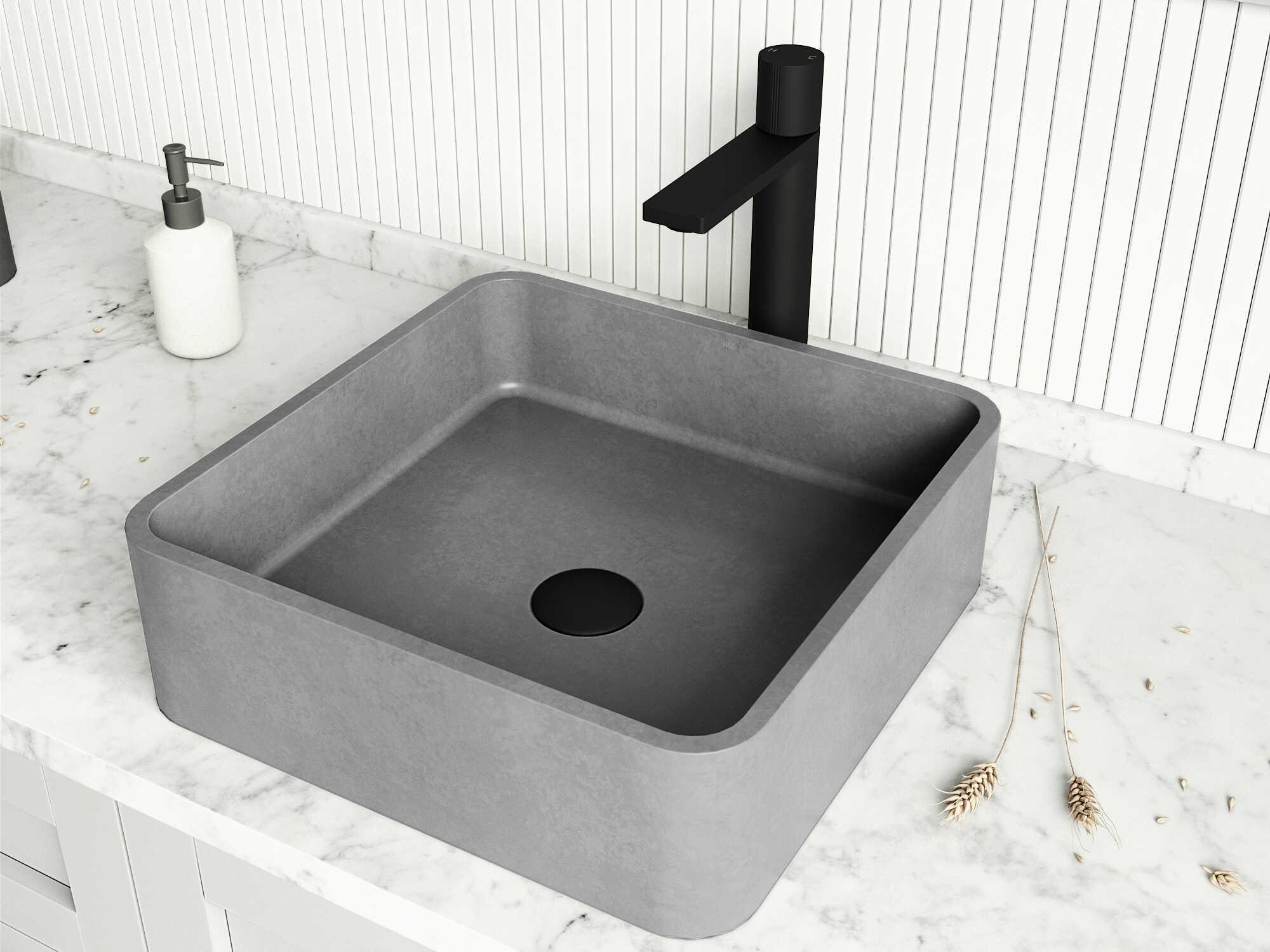 Vigo Navona Gothic Gray Concreto Stone Square Vessel Bathroom Sink