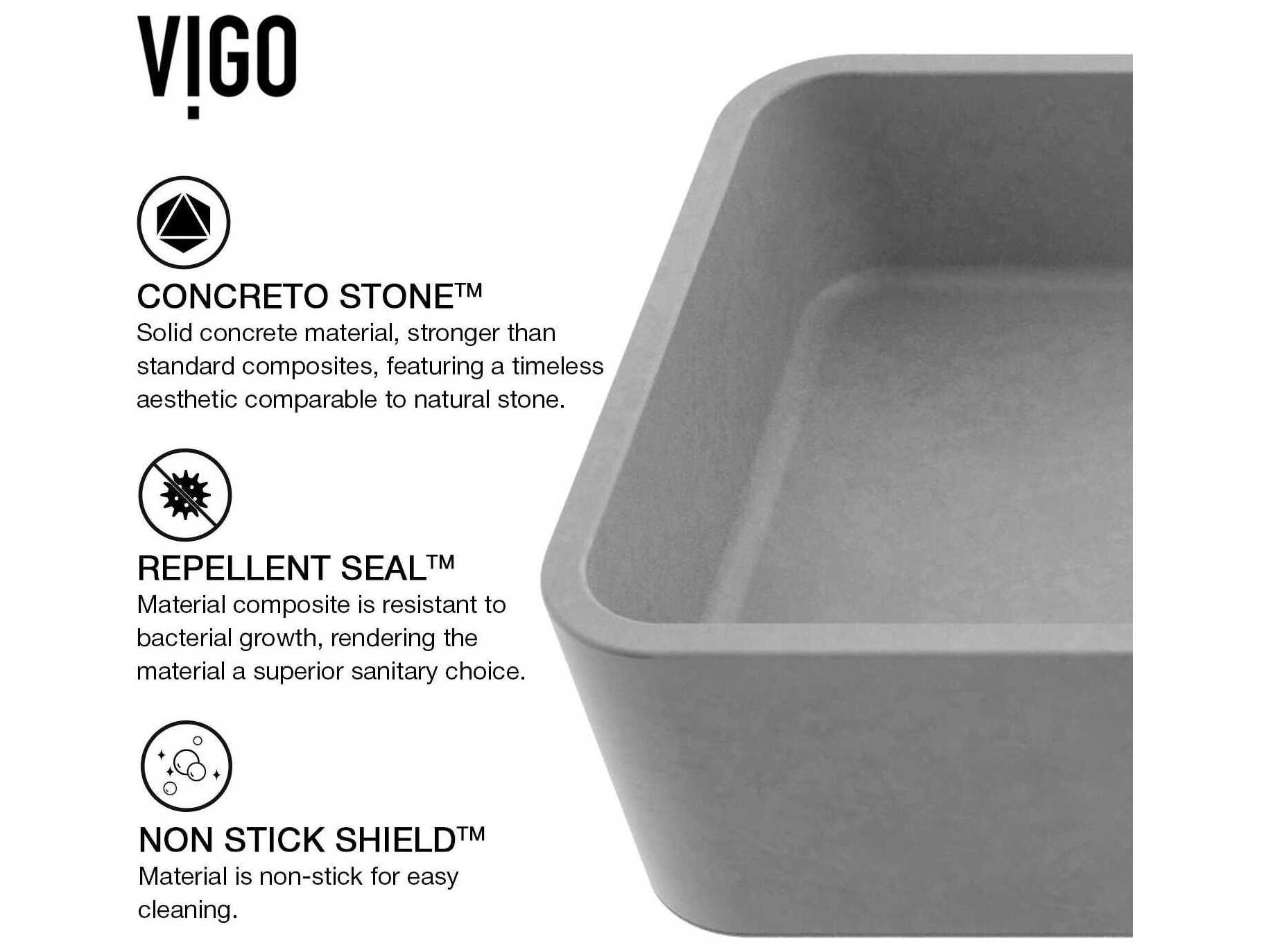 Vigo Palazzo Gothic Gray Concreto Stone Rectangular Vessel Bathroom Sink