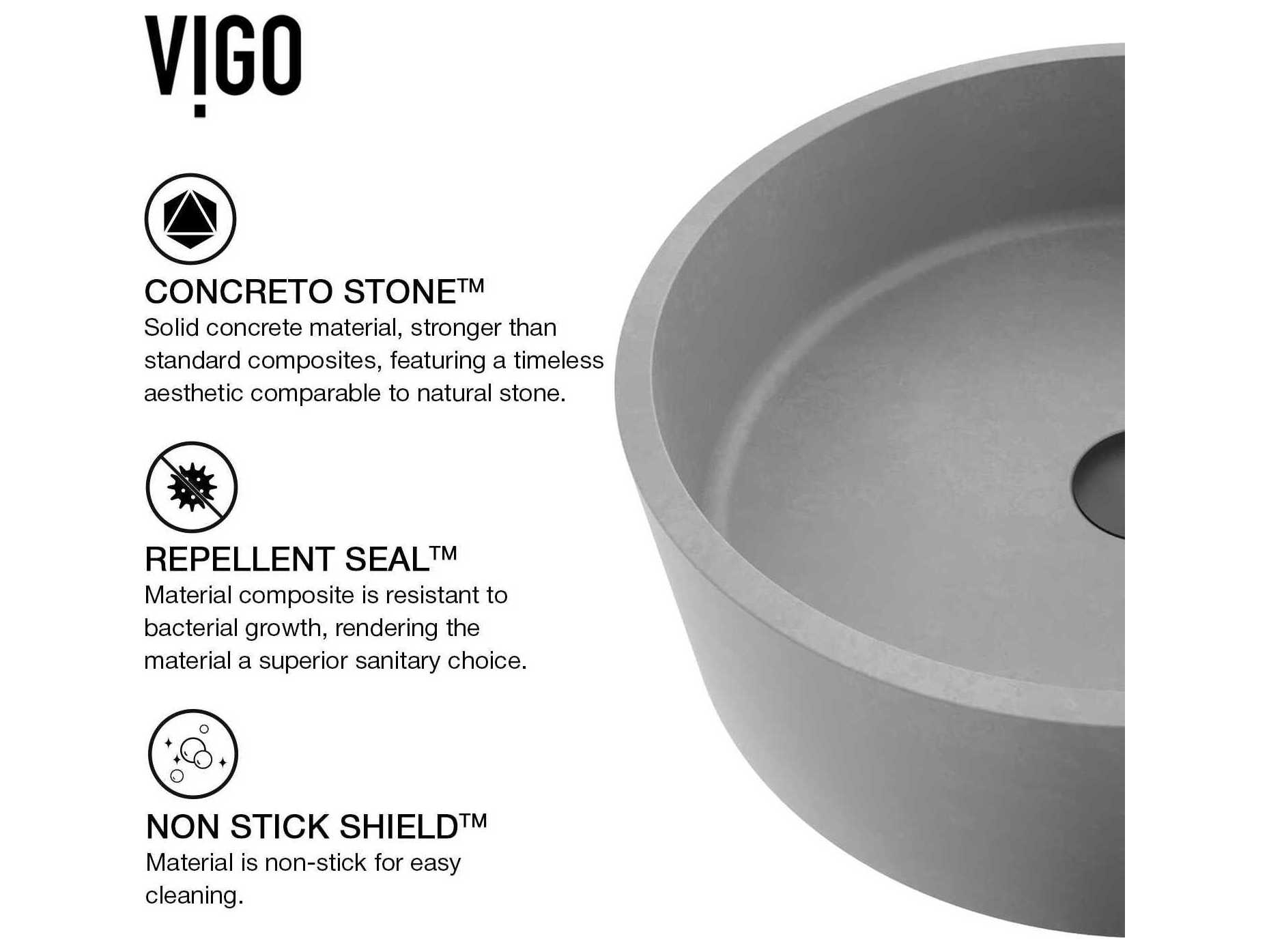 Vigo Palermo Gothic Gray Concreto Stone Round Vessel Bathroom Sink
