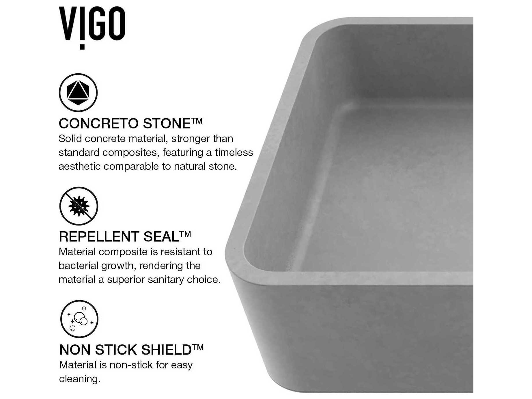 Vigo Cordoba Gothic Gray Concreto Stone Rectangular Vessel Bathroom Sink