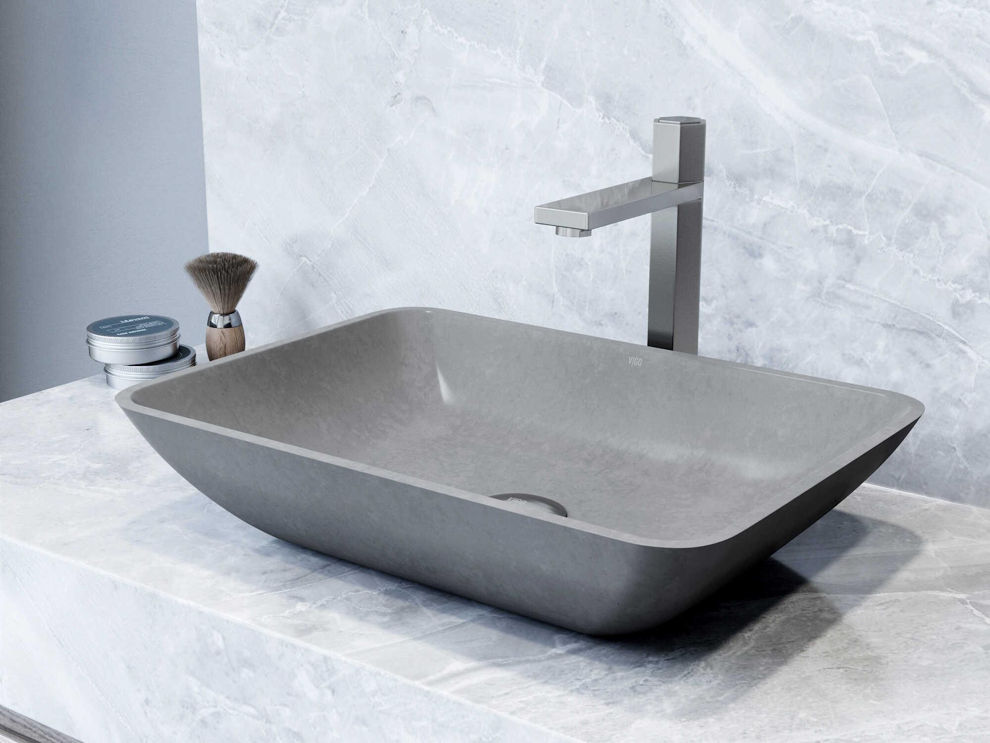 Vigo Duomo Gothic Gray Concreto Stone Rectangular Vessel Bathroom Sink