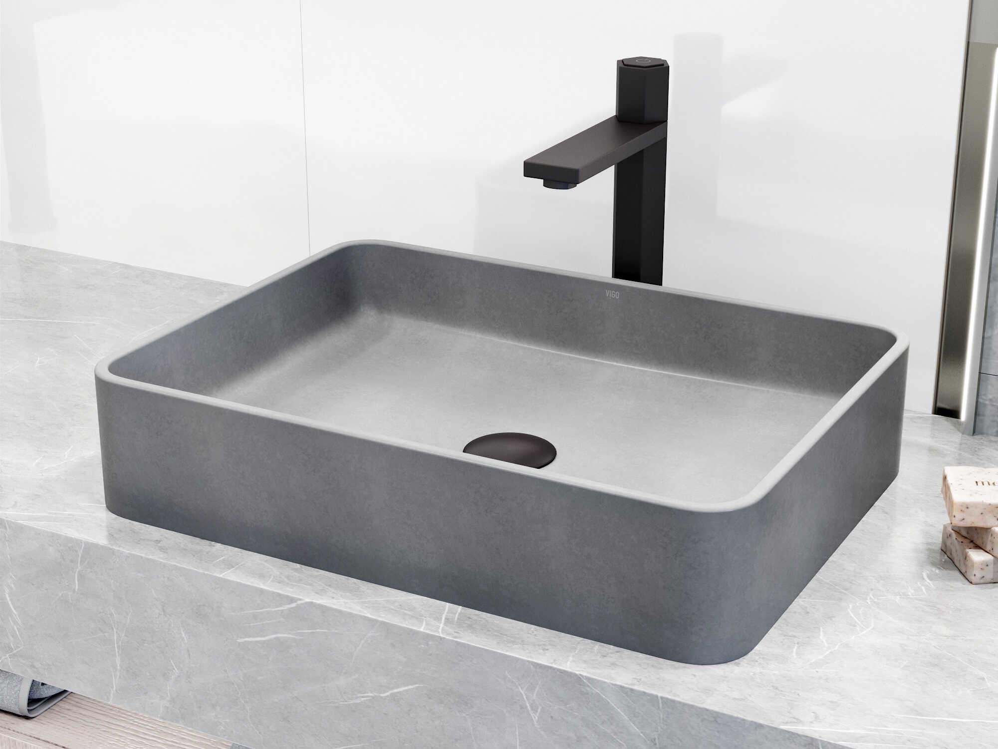 Vigo Tarragona Gothic Gray Concreto Stone Rectangular Vessel Bathroom Sink