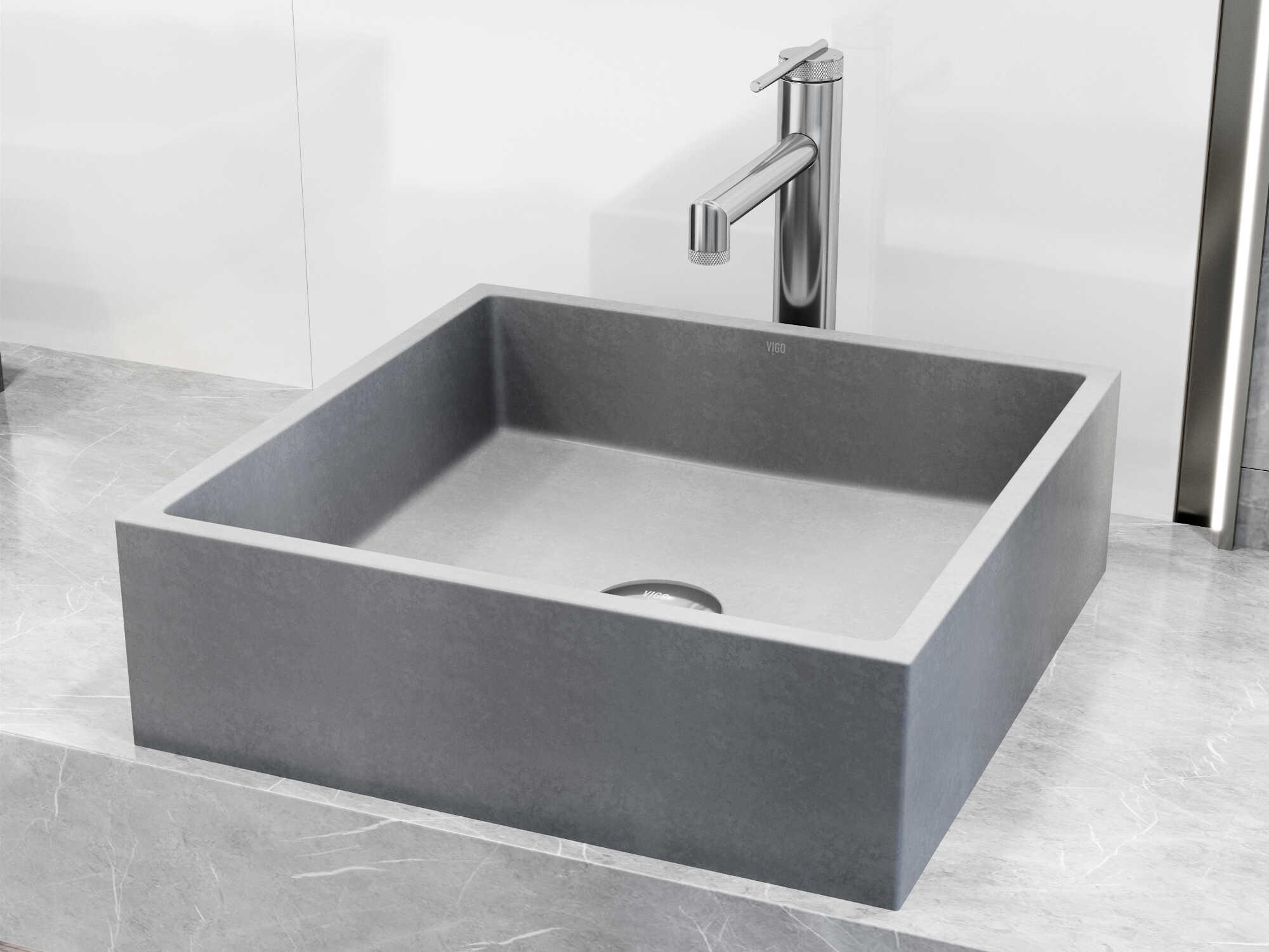 Vigo Alhambra Gothic Gray Concreto Stone Square Vessel Bathroom Sink
