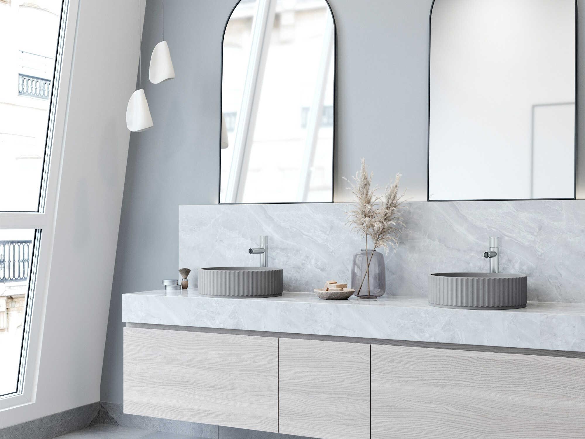 Vigo Windsor Concreto Stone Round Fluted Bathroom Vessel Sink