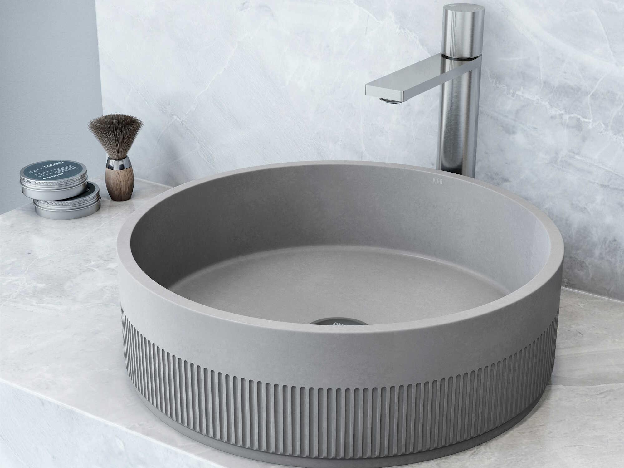 Vigo Cypress Modern Gray Round Fluted Bathroom Vessel Sink