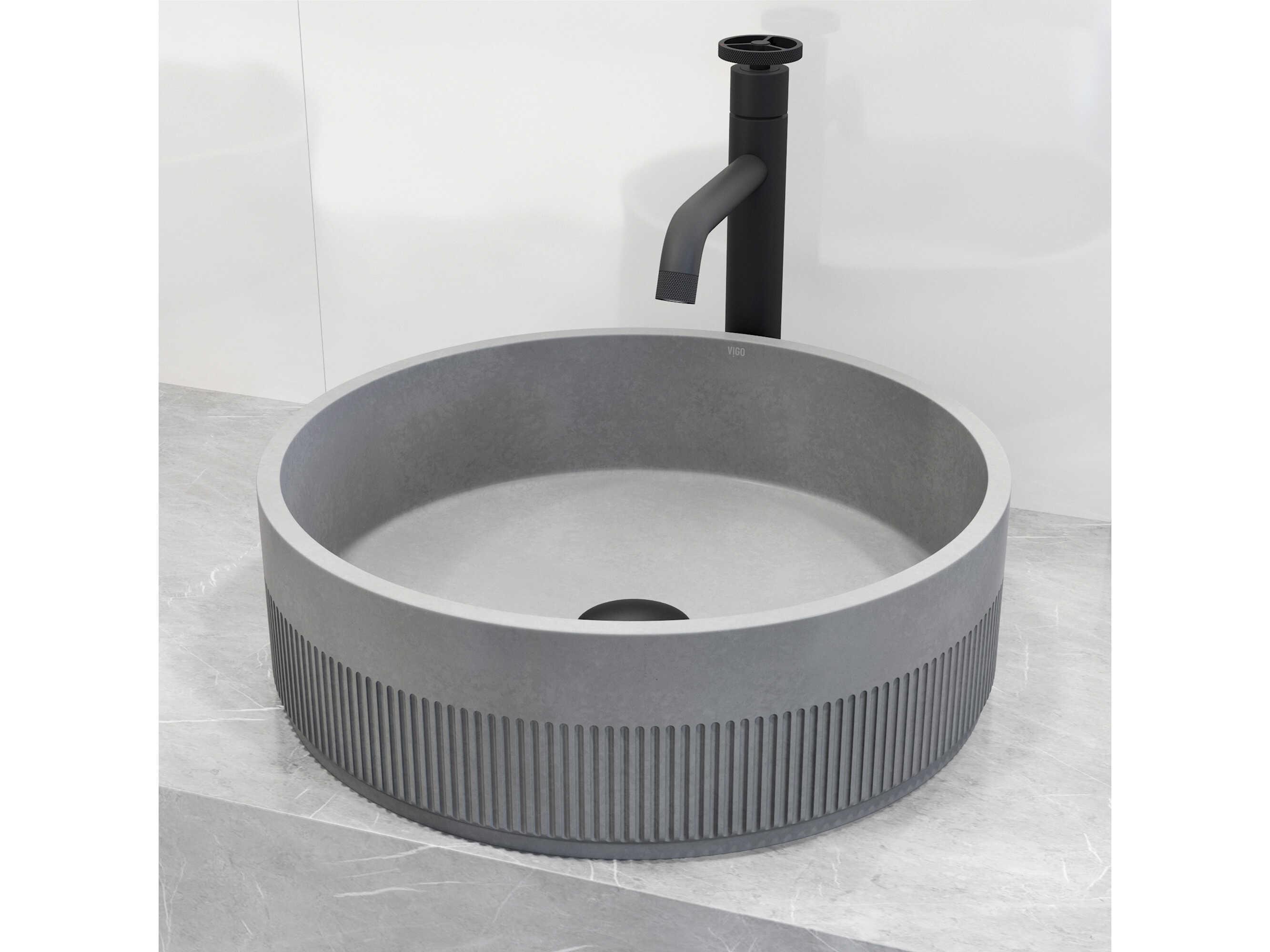 Vigo Cypress Modern Gray Round Fluted Bathroom Vessel Sink