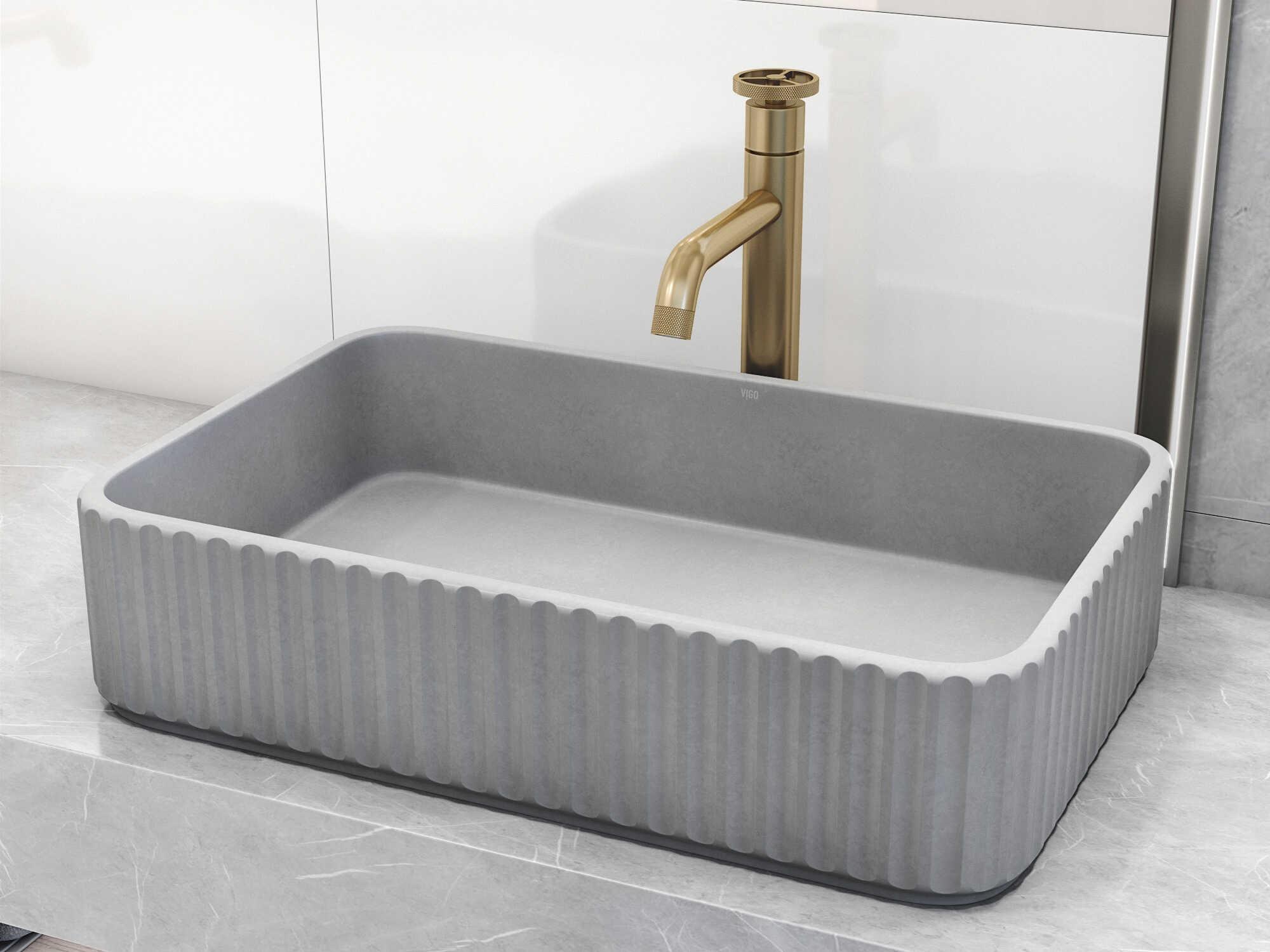 Vigo Windsor Concreto Stone Rectangular Fluted Bathroom Vessel Sink