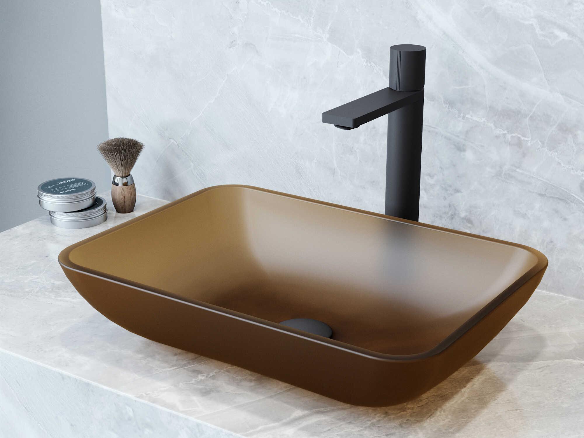 Vigo Matte Shell Sottile Amber Glass Rectangular Vessel Bathroom Sink
